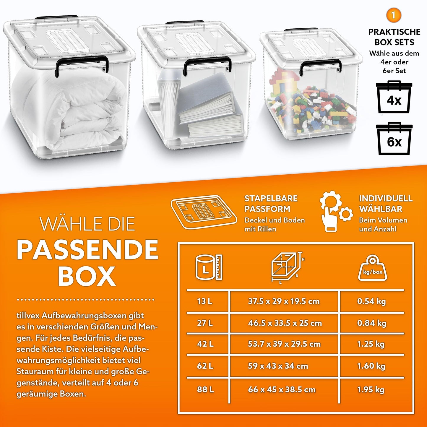 tillvex® Storage Boxes with Lid, Set of 6, 13 Litres, Food Safe, Plastic Boxes Set, Stackable, Storage Organiser System Box, Large, Storage Box, Clothes Boxes, 100% New Material