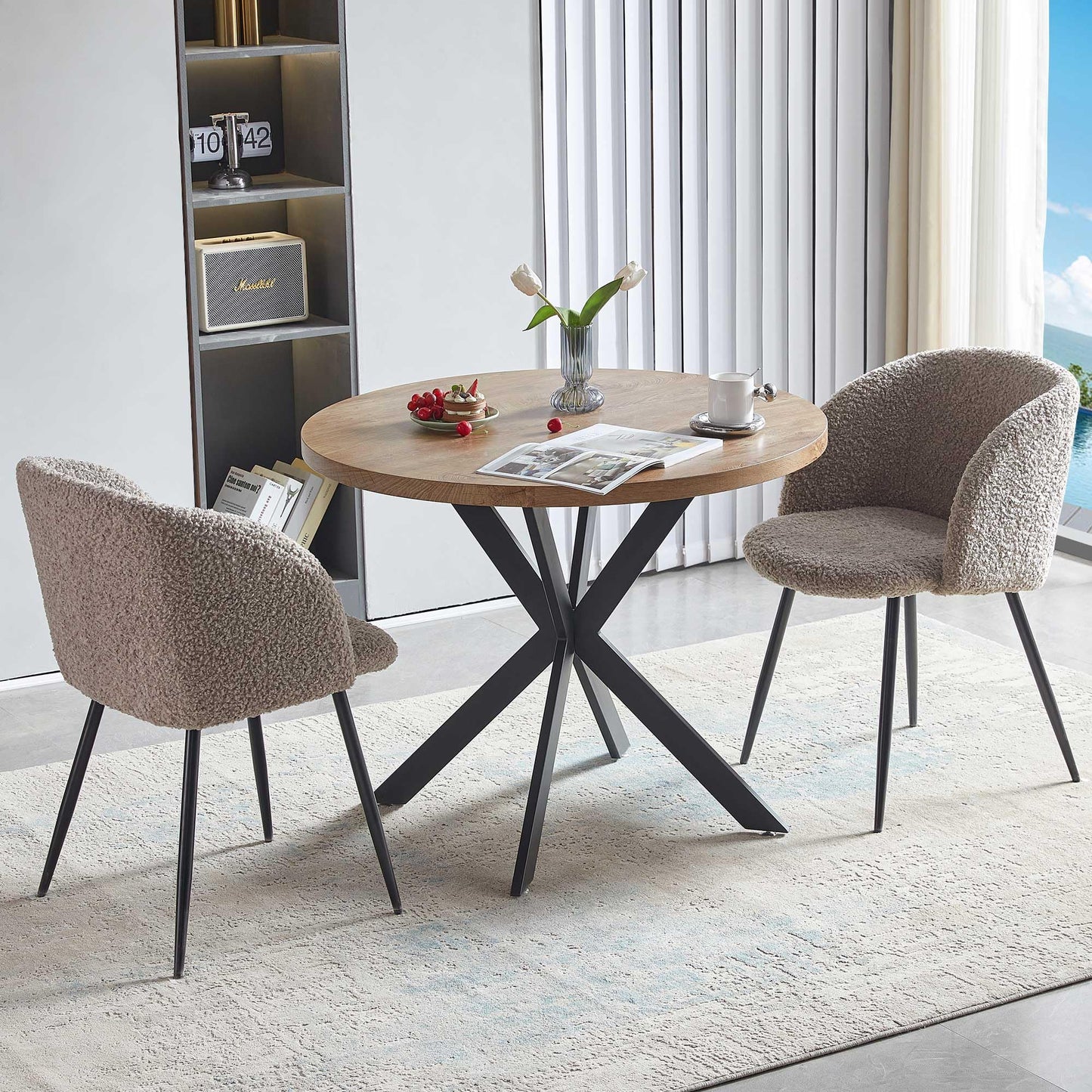 NORDICANA Esstisch mit 4 Stühlen Set, 95cm Runder Esstisch und 4 Kunstfell Loungesessel, Esszimmergruppe mit 4 Essstühlen, für Küche, Büro, Wohnzimmer, Balkon, Restaurant(Tisch+4 Braun Stühle)