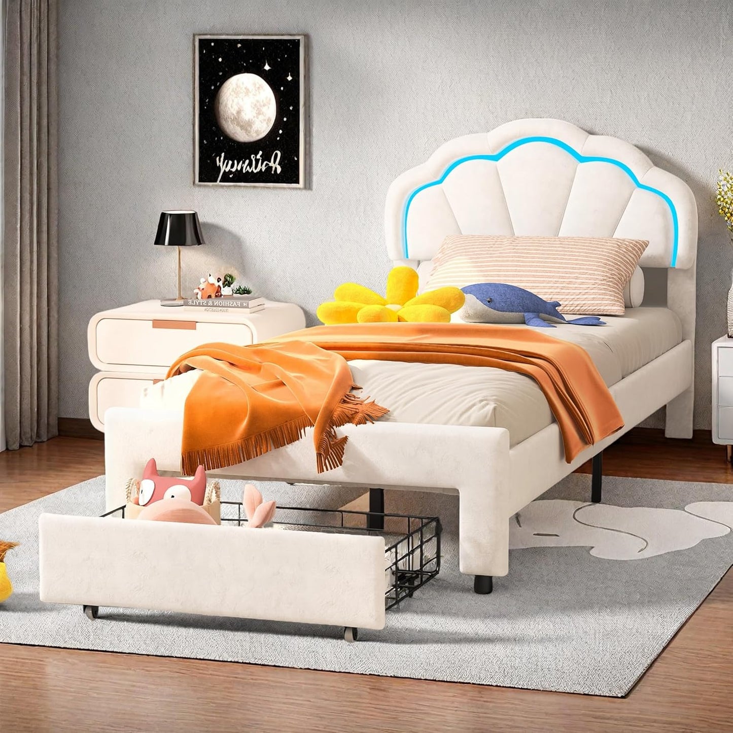 Upholstered Sofa Bed 140 x 200 cm, with Ambient Light and USB Connection, Children's Bed with Slatted Frame, Functional Bed, Teenager's Bed, Lambswool Material, Pink