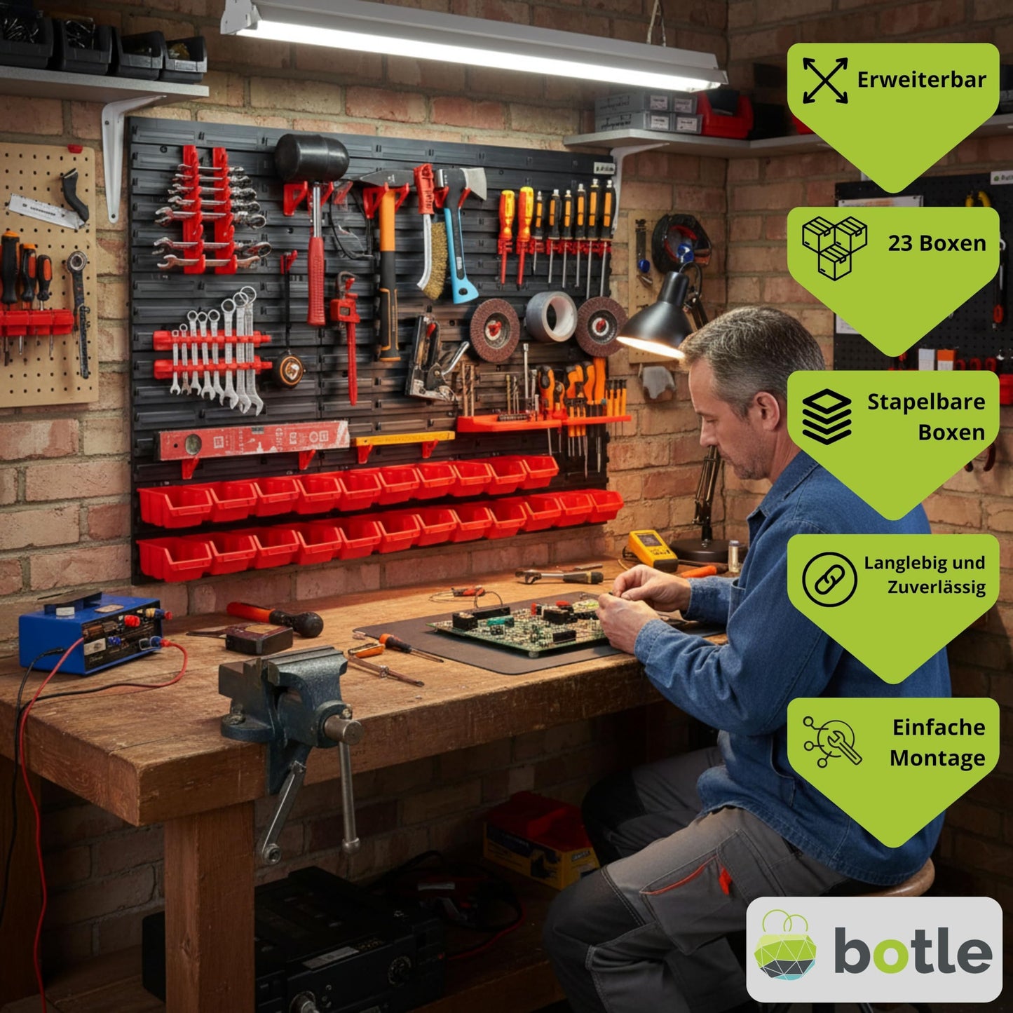 31-Piece Stacking Boxes Tool Wall 156 x 78 cm Set Tool Holder Wall Shelf Workshop Shelving Storage System Storage Box Extra Strong Wall Plates Shelf Expandable Storage Rack