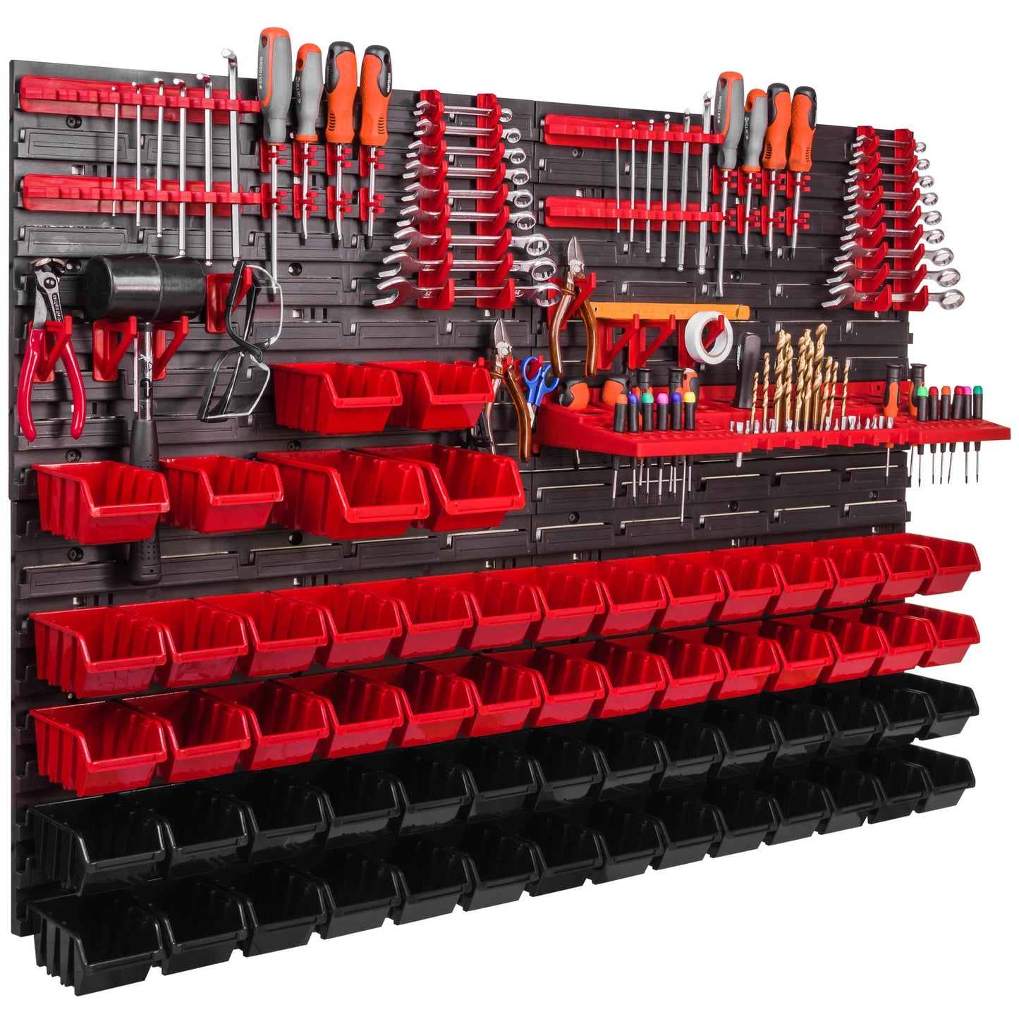 Storage System Wall Shelf 115 x 78 cm, Tool Holders, Pack of 56 Stacking Boxes, Storage Boxes, Extra Strong Wall Plates, Shelf Expandable, Workshop Shelf, Storage Shelf, Workshop Wall Shelf