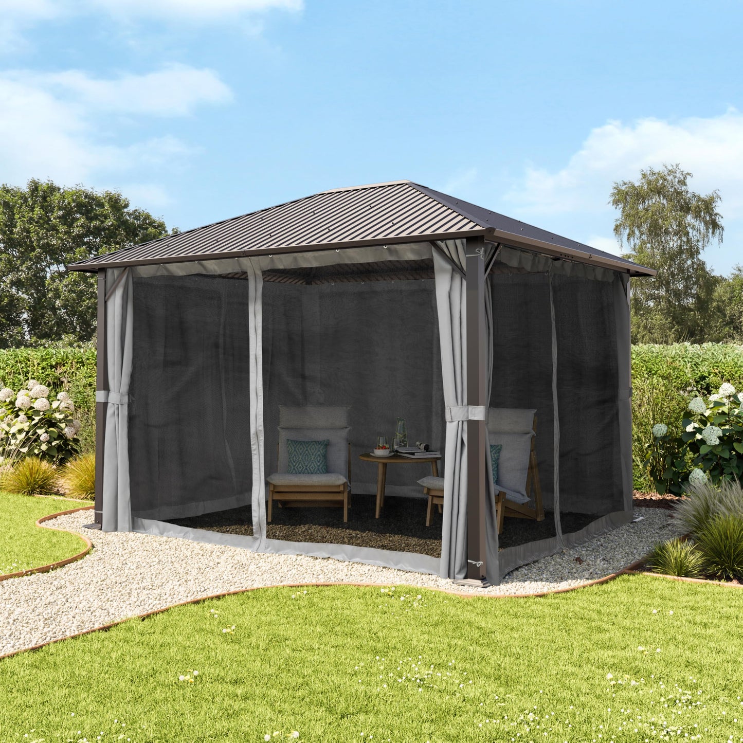 TOOLPORT Garden Gazebo 3 x 3 m with Steel Roof - Hardtop Gazebo with 4 Side Panels and Mosquito Nets in Cream
