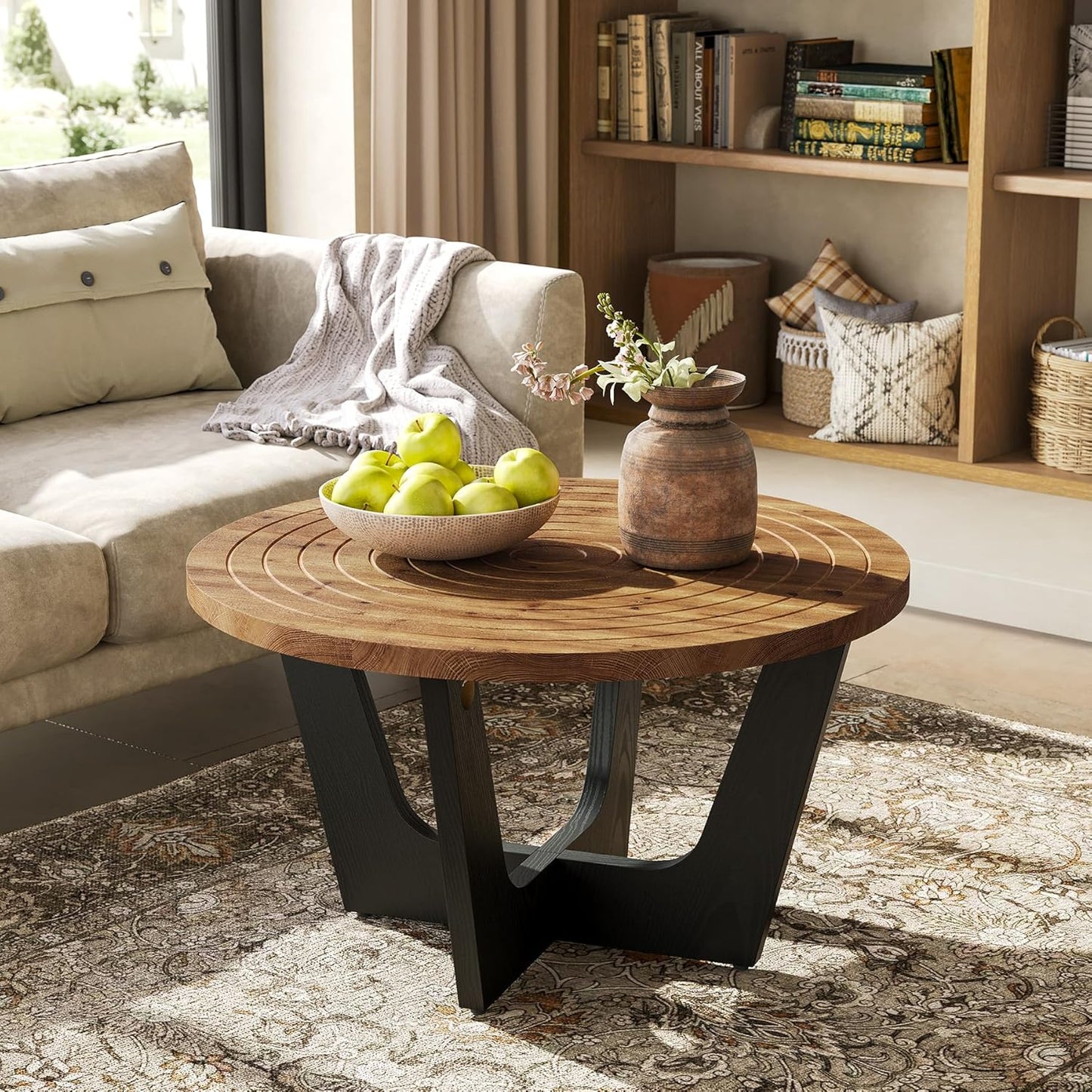 Round Solid Wood Coffee Table, Farmhouse 80 cm Small Coffee Table with Ring Groove, Living Room, Small Space, Brown and Black