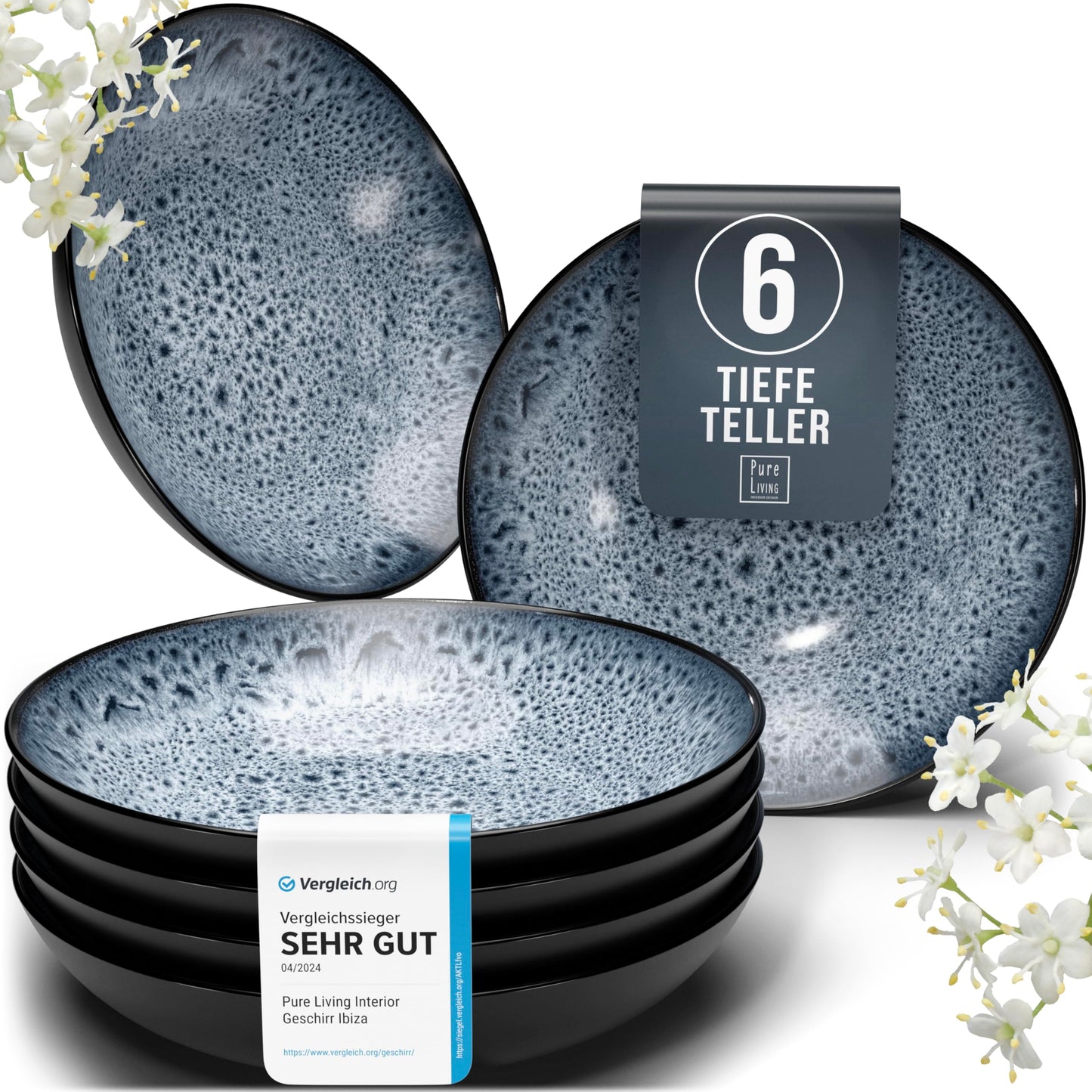 Ibiza Stoneware Crockery Set for 12 People, 48 Pieces, Test Winner, Dreamlike Mediterranean Stoneware Crockery Set, Bowl and Plate Set, Dinner Service for 12 People, Pure Living Crockery Sets in Deep