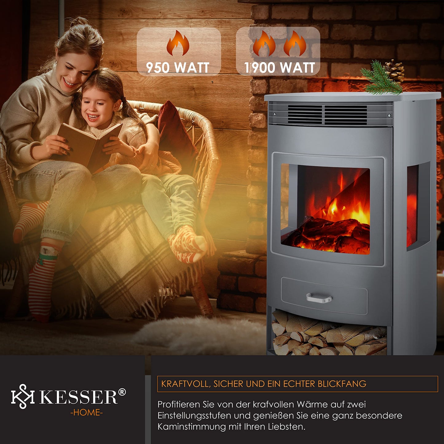 KESSER Prio Electric Fireplace Heater Fan Remote Control WiFi App 950/1900 W Fireplace Electric LED Flame Effect Fireplace Electric Thermostat Panoramic Viewing Window Heating Function Timer, Grey