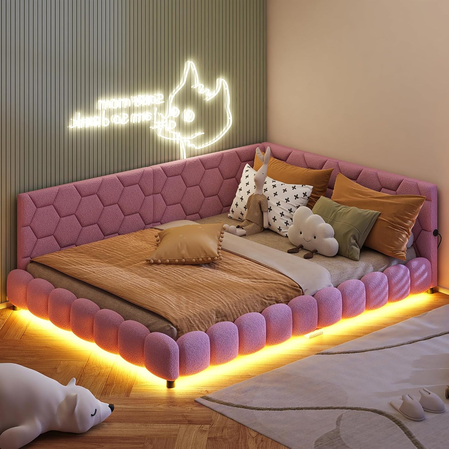 Upholstered Sofa Bed 140 x 200 cm, with Ambient Light and USB Connection, Children's Bed with Slatted Frame, Functional Bed, Teenager's Bed, Lambswool Material, Pink