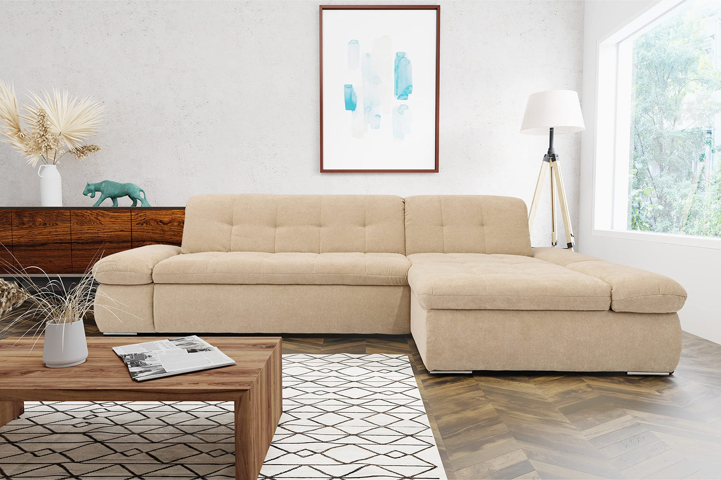 DOMO. collection Moric Corner Sofa, L-Shaped, Corner Sofa, L-shaped, 300 x 172 x 80 cm (W x D x H), Beige