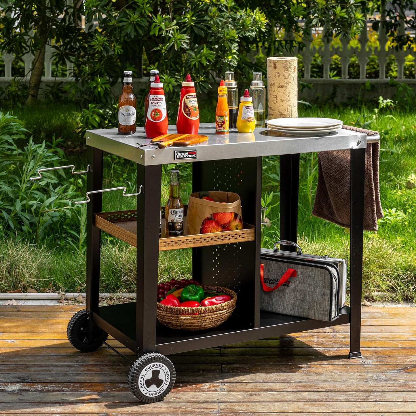 Royal Gourmet Grill Table with 85 x 50 cm Stainless Steel Plate, 3 Tier Grill Trolley for Table Grill and Pizza Ovens, Trolley with Handles, Bin Bag Holder & Storage Shelves, Easy to Clean and Movable