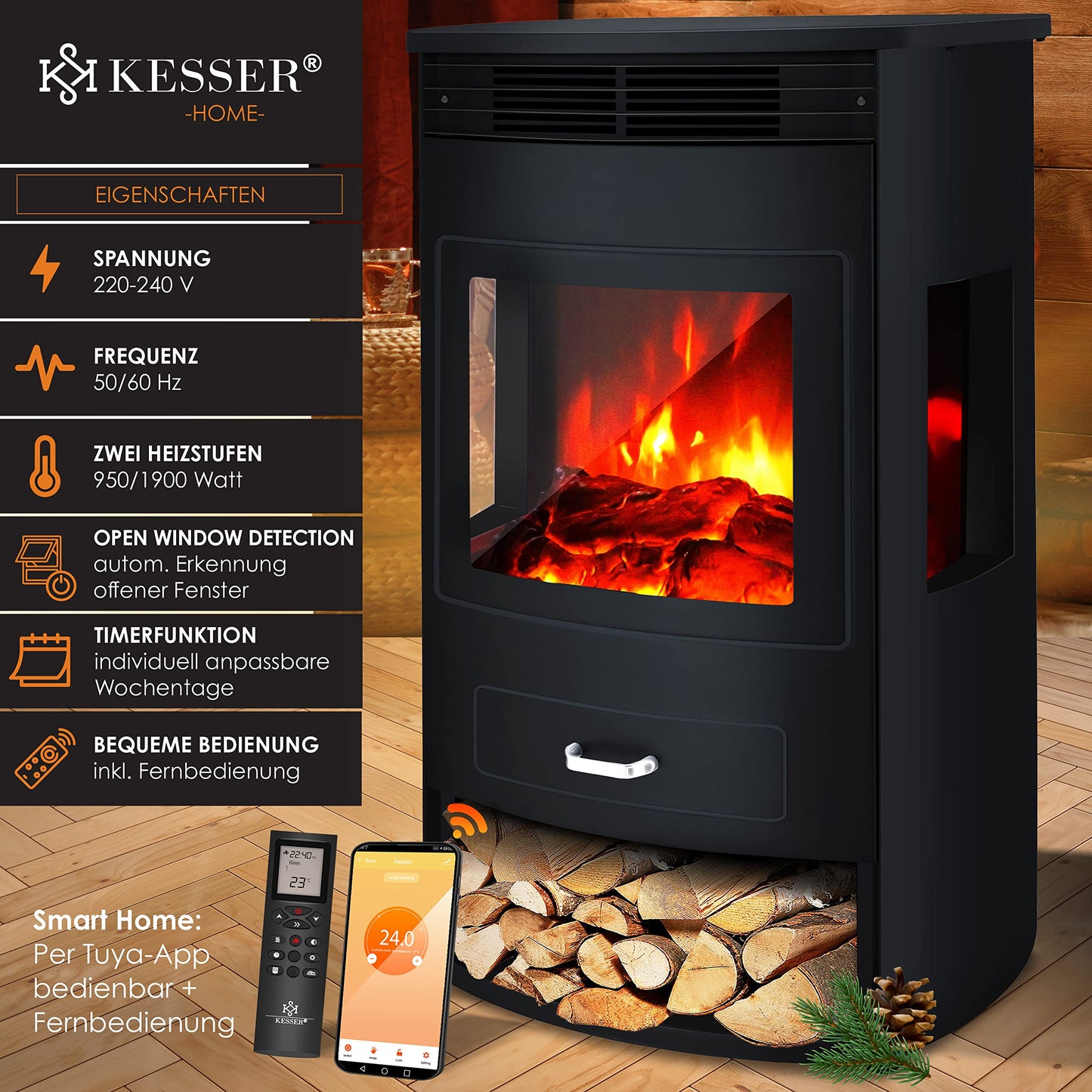 KESSER Prio Electric Fireplace Heater Fan Remote Control WiFi App 950/1900 W Fireplace Electric LED Flame Effect Fireplace Electric Thermostat Panoramic Viewing Window Heating Function Timer, Grey