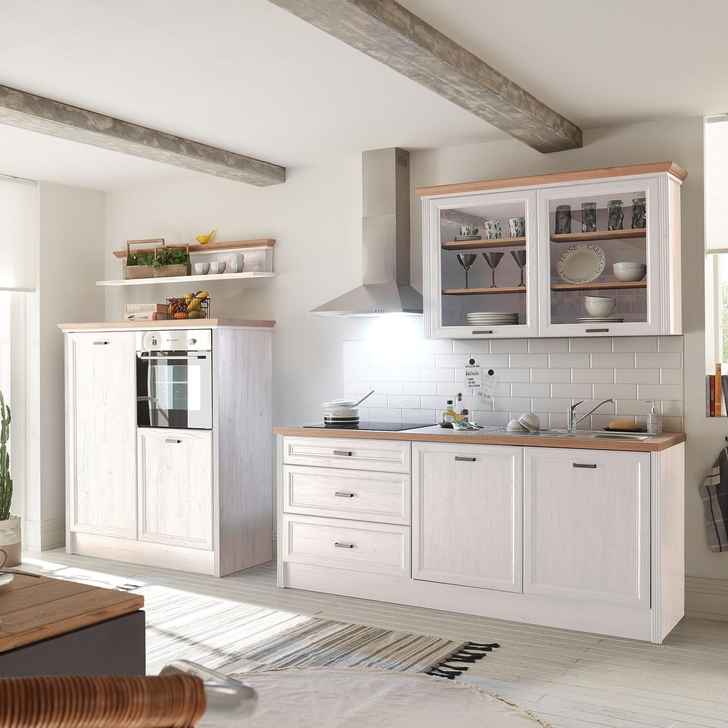 Jasmin Modern Kitchen Unit without Electrical Appliances in Light Pine Artisan Oak Look - Spacious Fitted Kitchen in Country House Style - 344 x 228 x 60 cm (W x H x D)