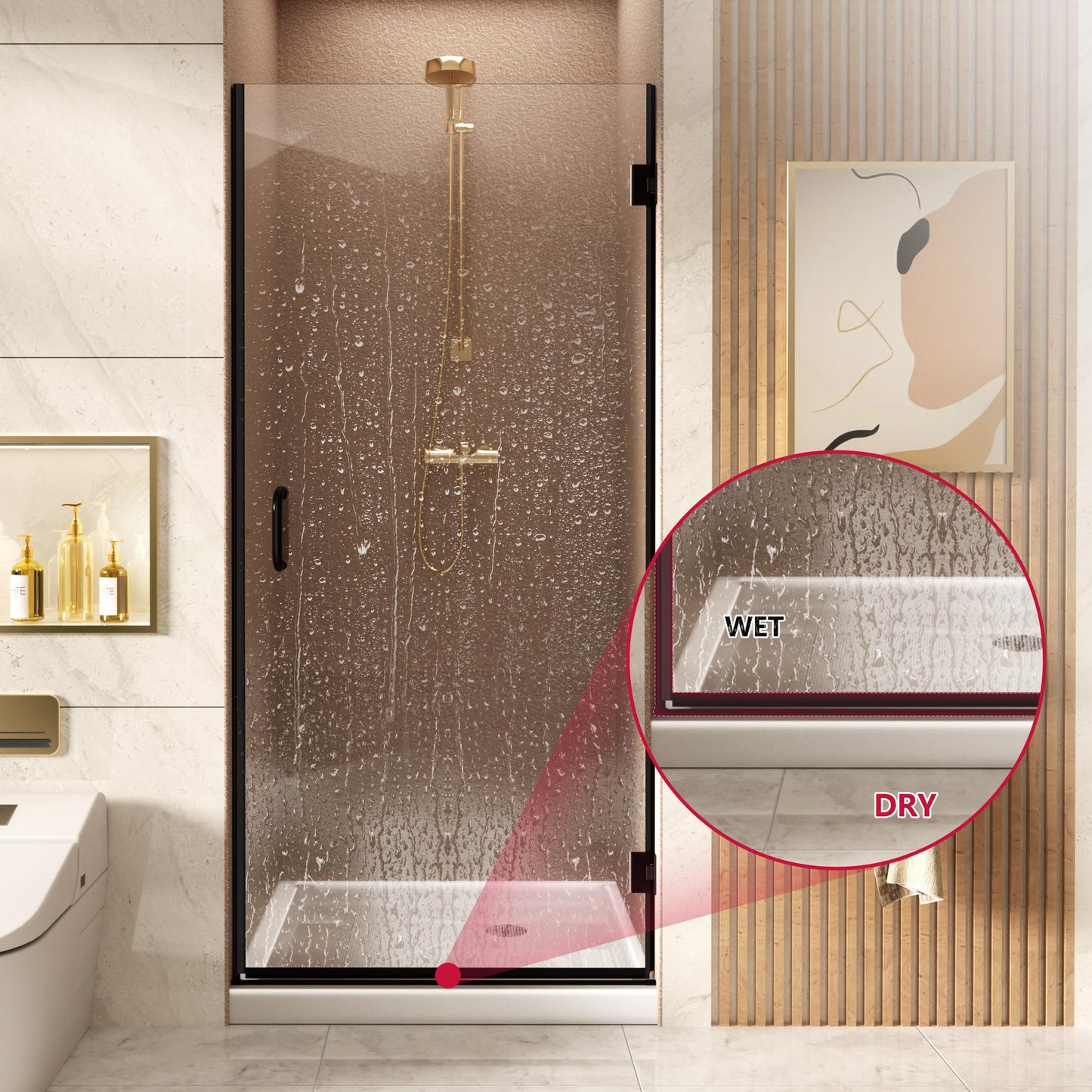 90 cm x 185 cm Shower Door with 6 mm ESG Nano Coating Glass Shower Doors, Shower Door Recess Door with Explosion Protection Film, Black T Triple Maple