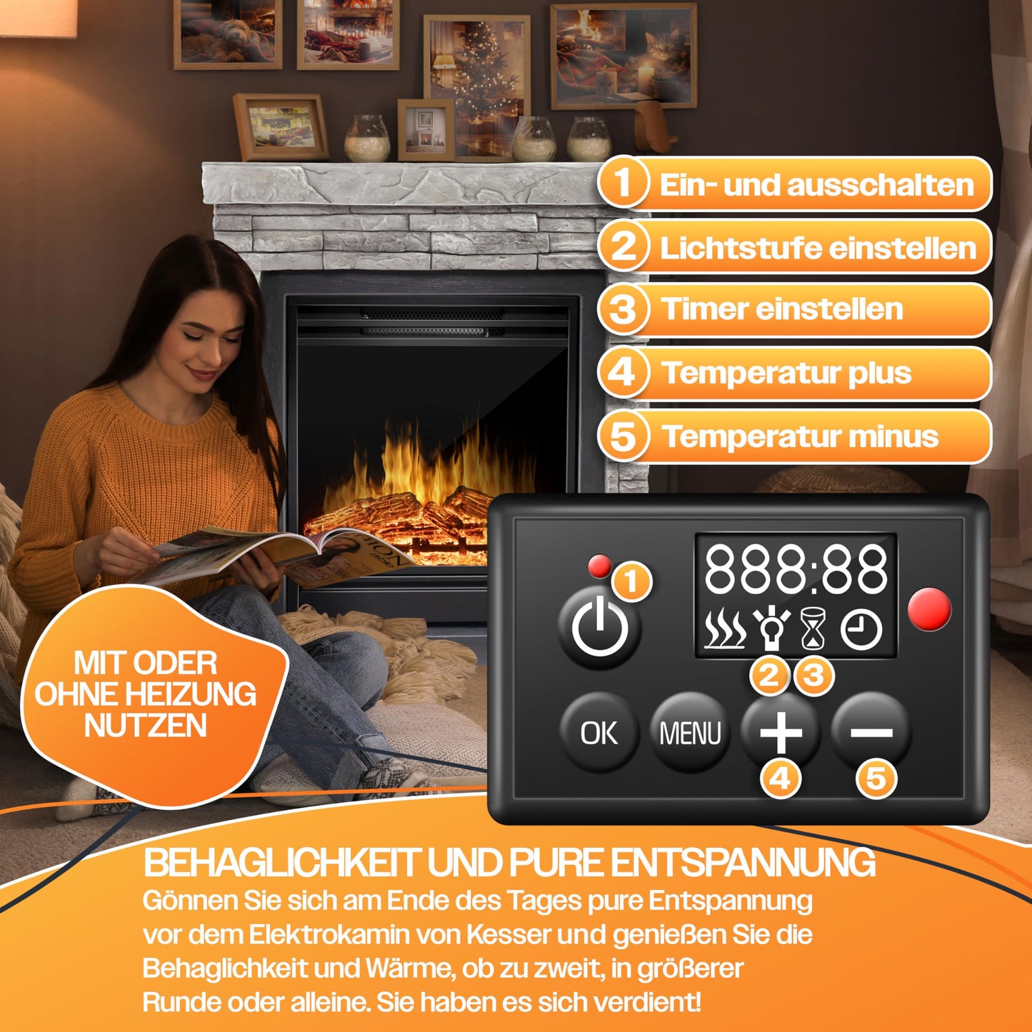 KESSER® Electric Fireplace with LED 3D Flame Effect, Heating Function, 1,800 W Power, Timer, Thermostat, Remote Control, Dimmable, Natural/Brown