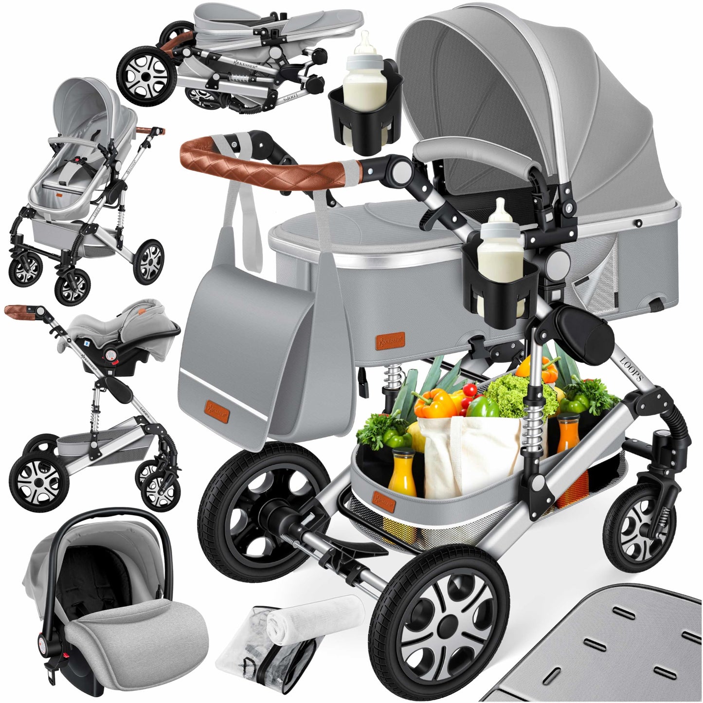 Kesser® Loops 3-in-1 Combination Pram, Complete Set Including Baby Tub & Buggy Sports Seat & Baby Car Seat, Full Rubber Tyres, Changing Bag / Rain Cover / Children's Table Set