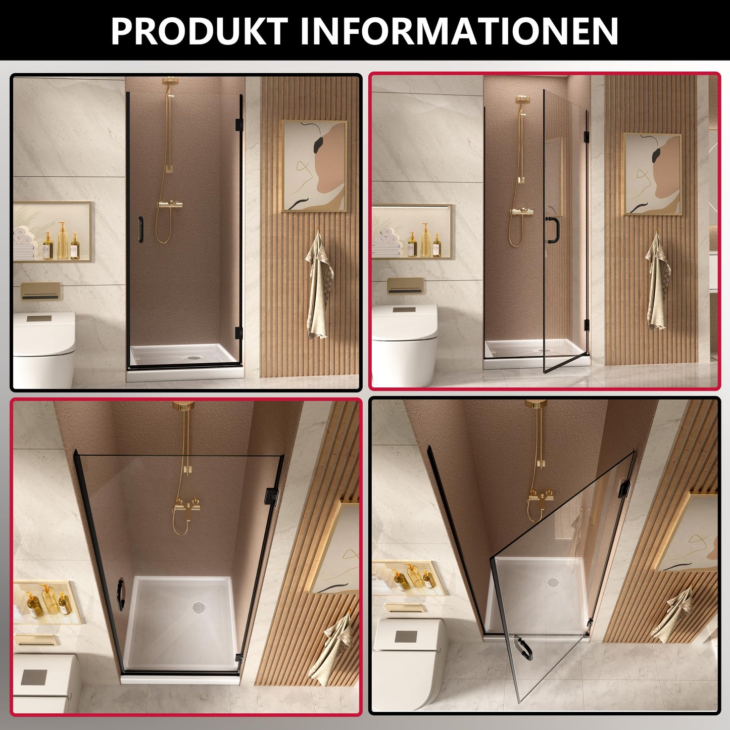 90 cm x 185 cm Shower Door with 6 mm ESG Nano Coating Glass Shower Doors, Shower Door Recess Door with Explosion Protection Film, Black T Triple Maple