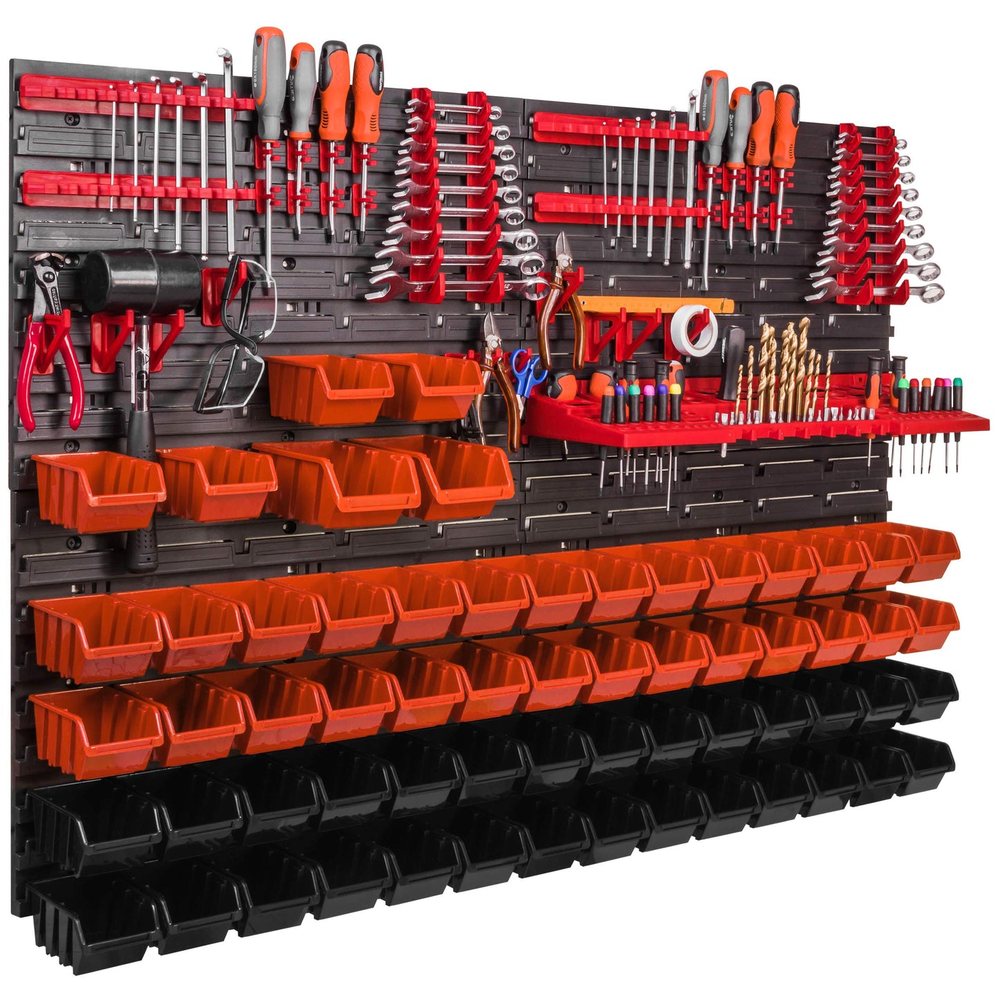 Storage System Wall Shelf 115 x 78 cm, Tool Holders, Pack of 56 Stacking Boxes, Storage Boxes, Extra Strong Wall Plates, Shelf Expandable, Workshop Shelf, Storage Shelf, Workshop Wall Shelf