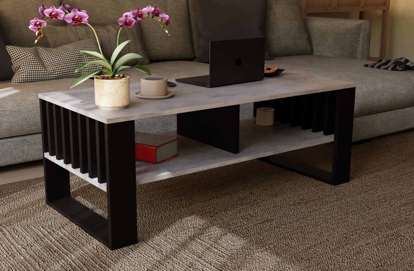 Meble Pitus Coffee Table White - Modern Living Room Table 90 x 50 x 50 cm with Storage Space & Slat Design
