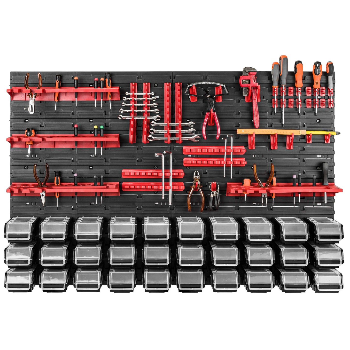 Storage System Wall Shelf 115 x 78 cm, Tool Holders, 23 Pieces Stacking Boxes Storage Boxes Extra Strong Wall Shelves Expandable Workshop Shelving Workshop Shelf