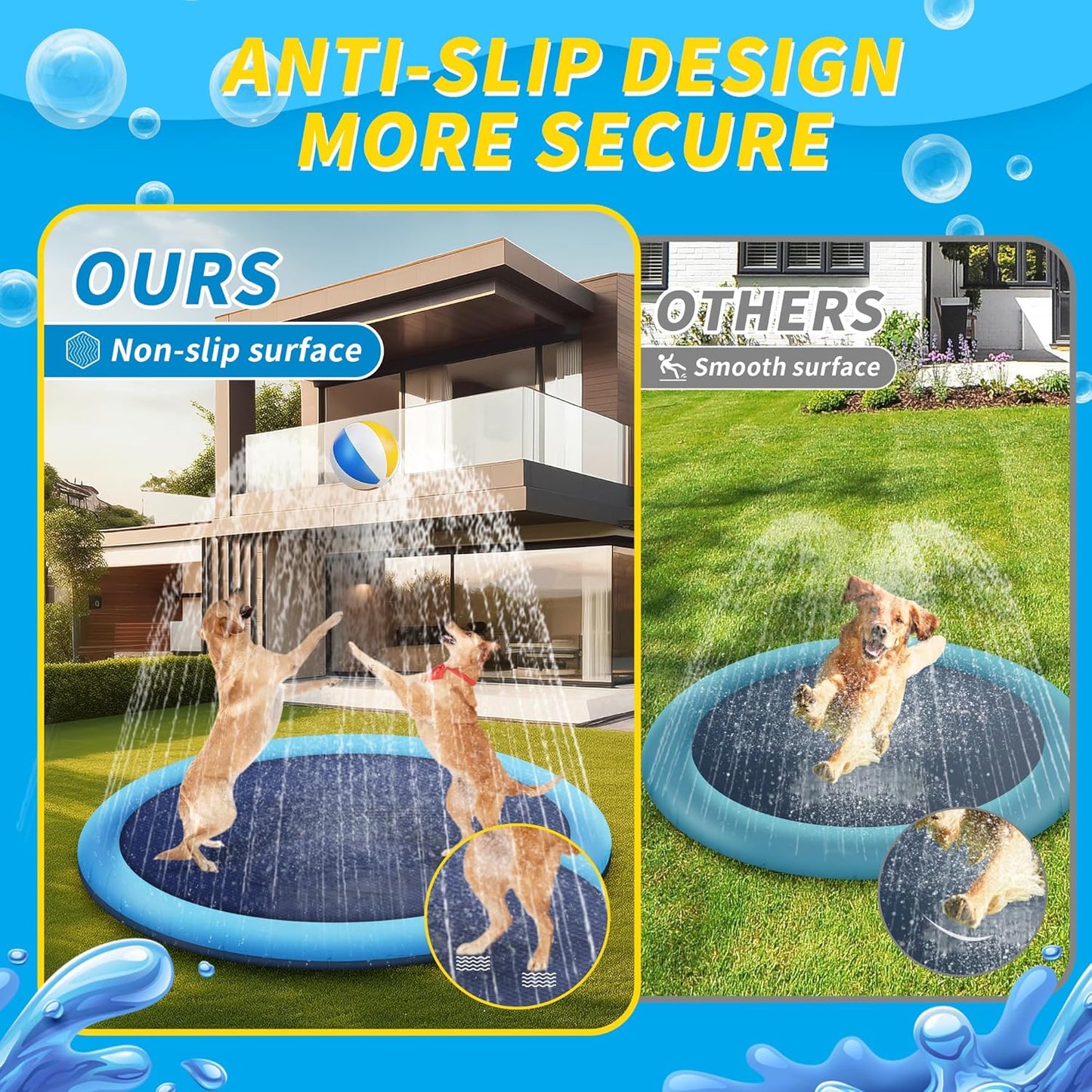 CNMTCCO Hundepool, D150cm/59.06in Planschbecken für Große & Kleine Hunde, 0.50mm Verdickt Anti-Rutsch Sprinkler Matte Hund Faltbarer Splash Pad für Sommer, Garten, DraußEn