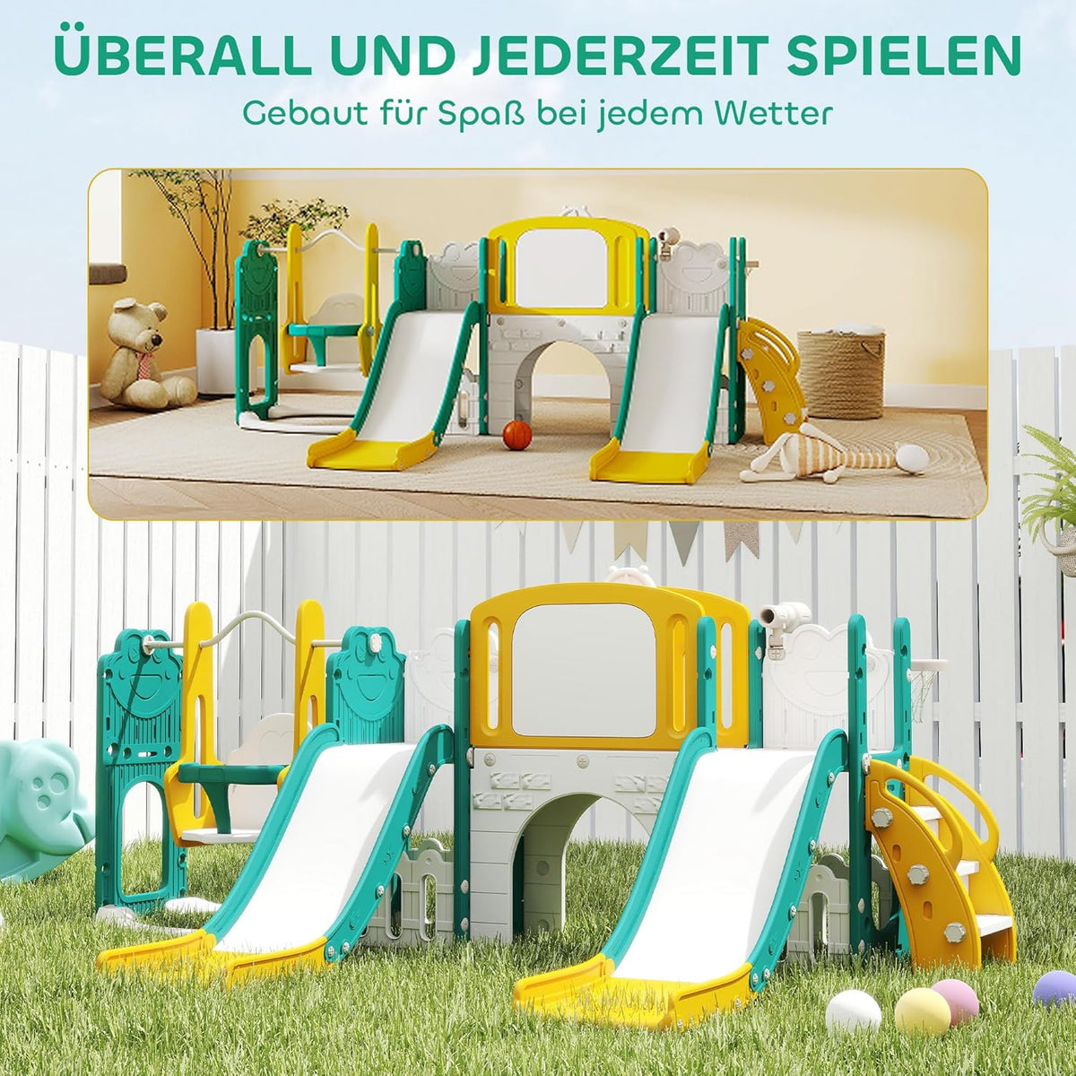 AIRPLAY Children's Slide 9 in 1 Toddler Slide with Basketball Hoop, 2 Slides, Climbing Frame, Swing, Tunnel, Telescope, Drawing Board, Frog Motif and Storage Box etc. Indoor Outdoor for 1-3 Years