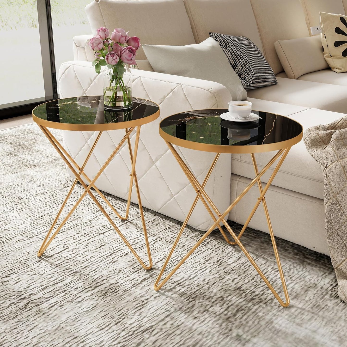 Coffee Table Side Table Round Black Green Living Room Table Sofa Table for Living Room Garden Balcony Bedroom Table Round Modern Plant Table Outdoor with Marble Pattern