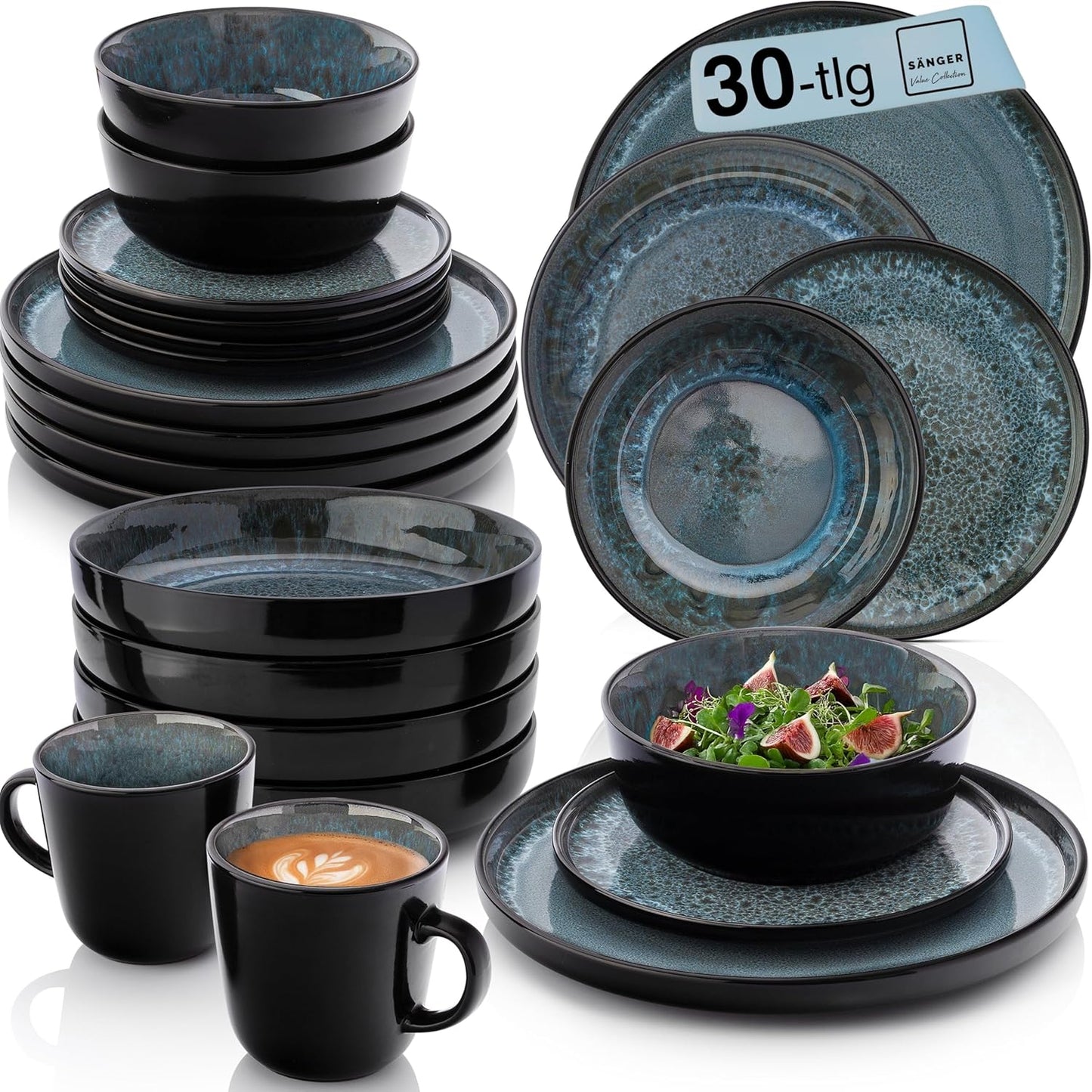 SÄNGER Manila Dinner Service for 6 People, Plate Set, Coffee Mug, Pasta Bowl, 30 Pieces, Stoneware Crockery Set, Dishwasher, Microwave, Scratch-Resistant, Blue with Black Rim, Value Collection