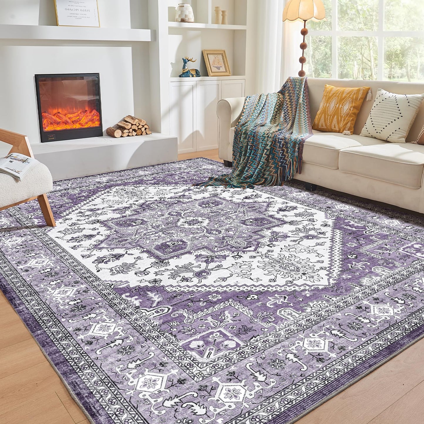 OPPODREAM Soft Area Rugs 4x6, Low-Pile Washable Rugs 4x6 with Non Slip Backing, Faux Cashmere 4 x 6 Throw Carpet, Purple