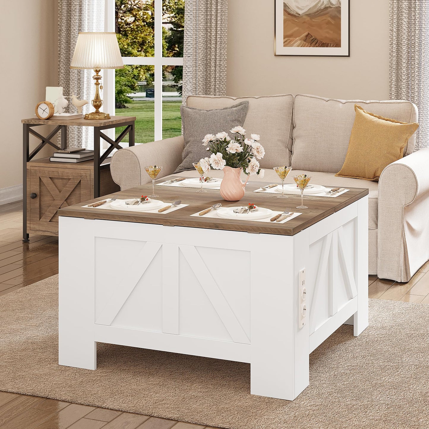 YITAHOME Coffee Table, Square Living Room Table 2-Tier Coffee Table with Storage Space for Couch Bedroom, Sturdy Metal Frame, 80 x 80 x 45 cm