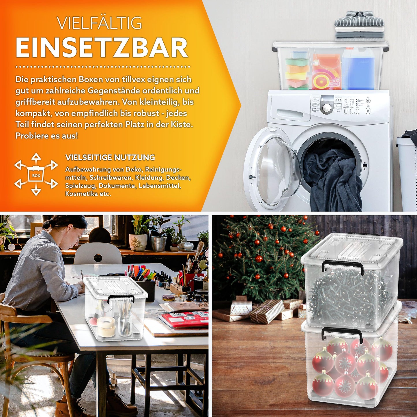 tillvex® Storage Boxes with Lid, Set of 6, 13 Litres, Food Safe, Plastic Boxes Set, Stackable, Storage Organiser System Box, Large, Storage Box, Clothes Boxes, 100% New Material