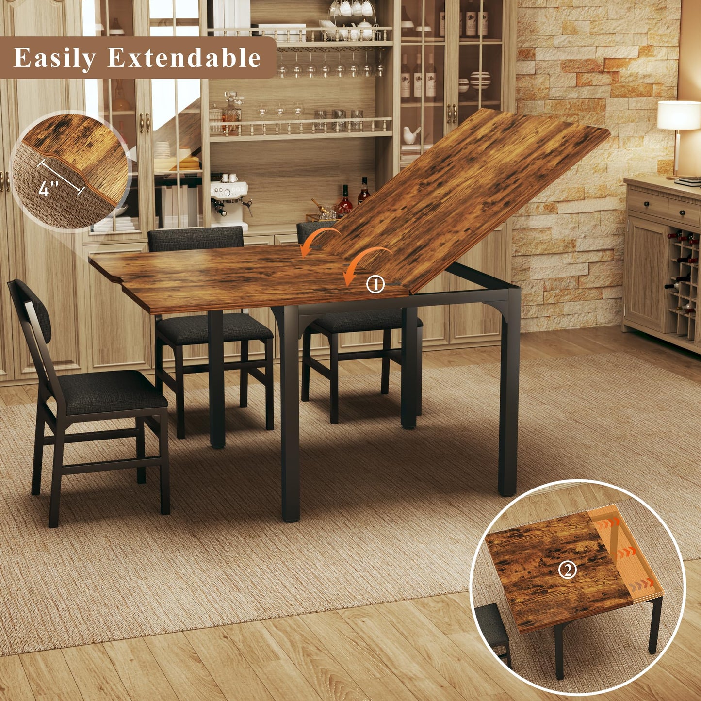 7-Piece Dining Table Set for 4-6, Extendable Kitchen Table Cushion Chairs Set of 6 with 6 Chairs, Rectangle Dining Table with Metal Frame & MDF Board, Folding for Small Apartment Saving Space,Grey Oak
