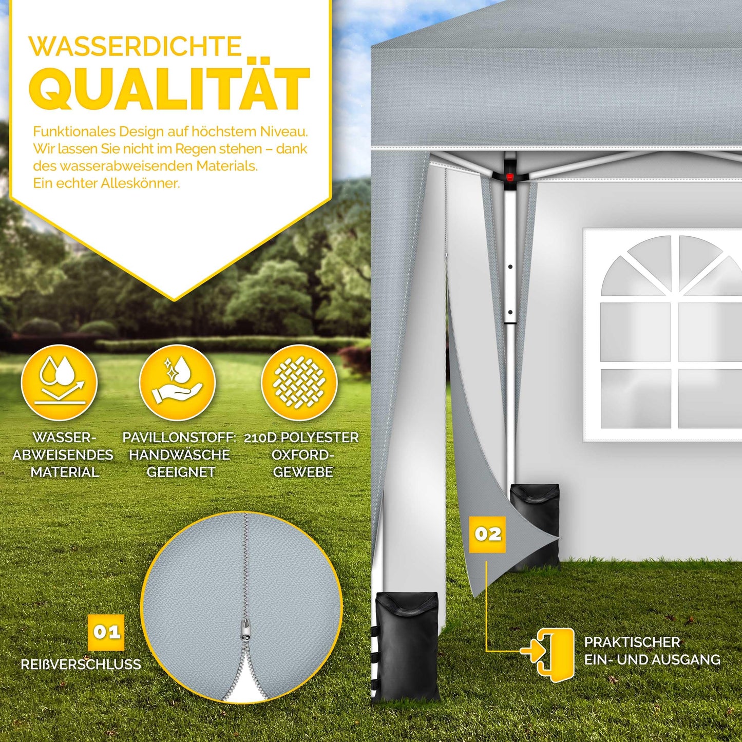 tillvex Gazebo 3 x 3 m Waterproof with 4 Side Panels + Set of 4 Sandbags Pop-Up Folding Gazebo Stable & Height Adjustable Garden Tent UV Protection 50+ Party Tent with Bag for Garden, Grey