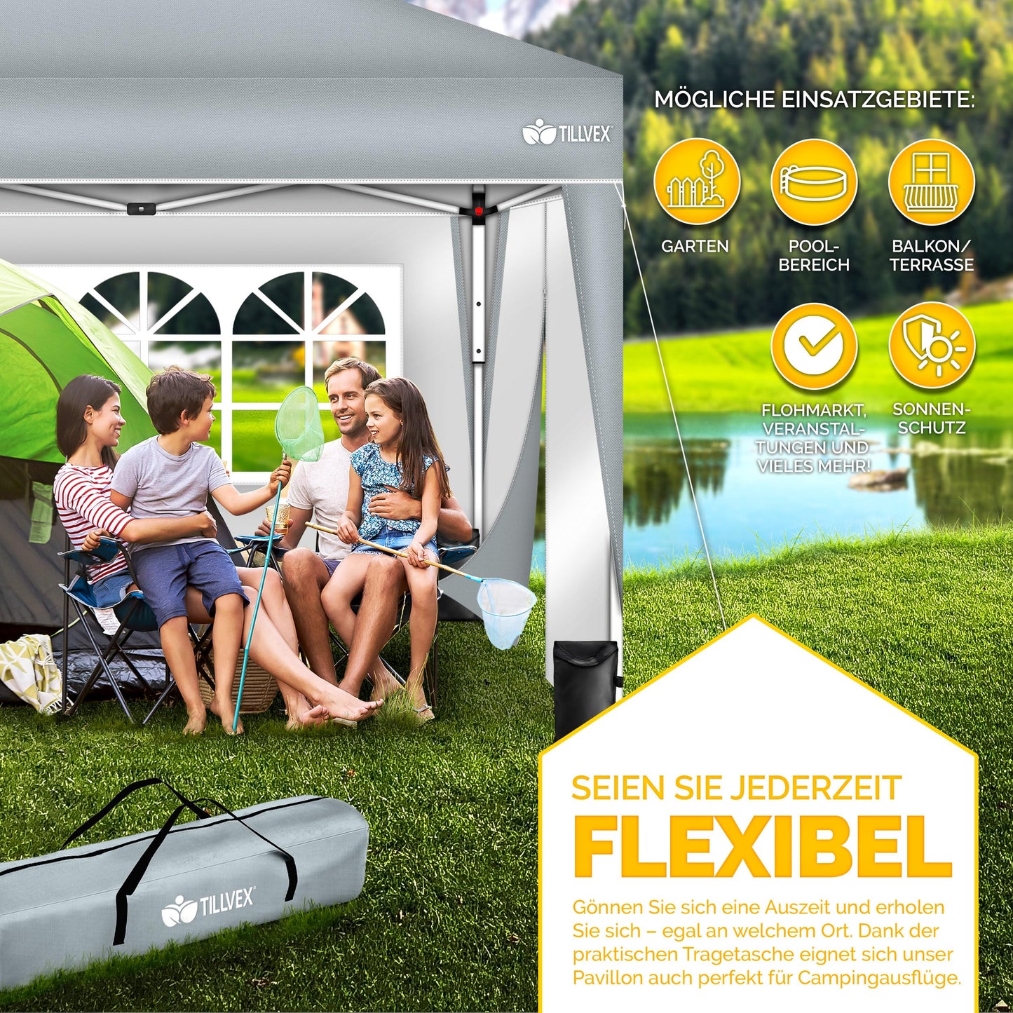 tillvex Gazebo 3 x 3 m Waterproof with 4 Side Panels + Set of 4 Sandbags Pop-Up Folding Gazebo Stable & Height Adjustable Garden Tent UV Protection 50+ Party Tent with Bag for Garden, Grey