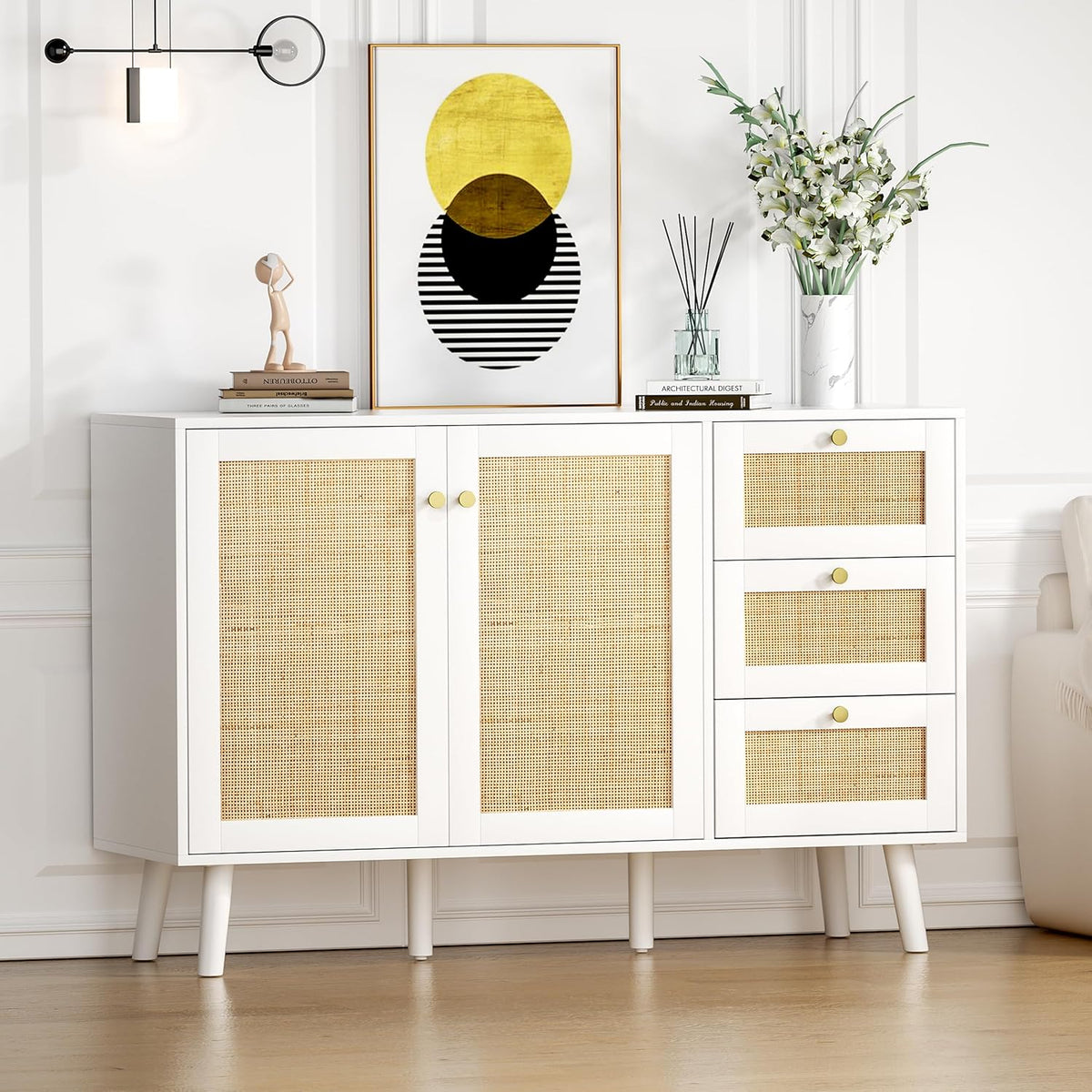 Sideboard 120 cm Rattan Kitchen Cabinet with Adjustable Shelf, Buffet Cabinet with 3 Drawers and 3 Doors, Storage Cabinet for Living Room, Kitchen, Dining Room, Hallway, White, 120 x 40 x 82