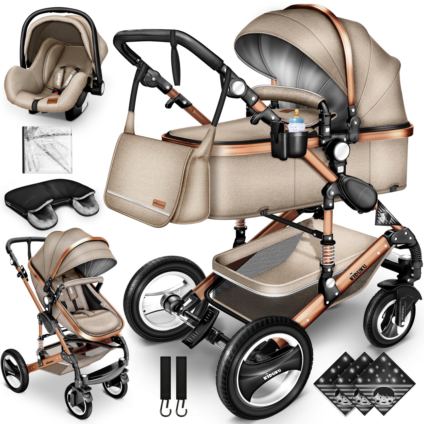 KIDUKU® 3-in-1 Complete Pram Set incl. Baby Carrycot, Buggy, Sports Seat & Car Seat, Footmuff, Solid Rubber Tyres, Changing Bag, Hand Warmer, Rain Cover, Children's Tray, ECE R129