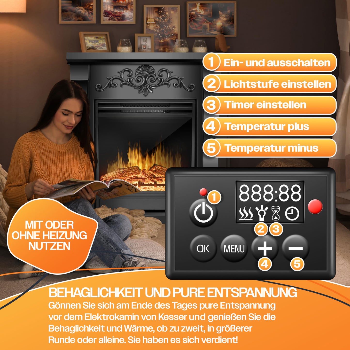 KESSER® Electric Fireplace with LED 3D Flame Effect, Heating Function, 1,800 W Power, Timer, Thermostat, Remote Control, Dimmable, Natural/Brown