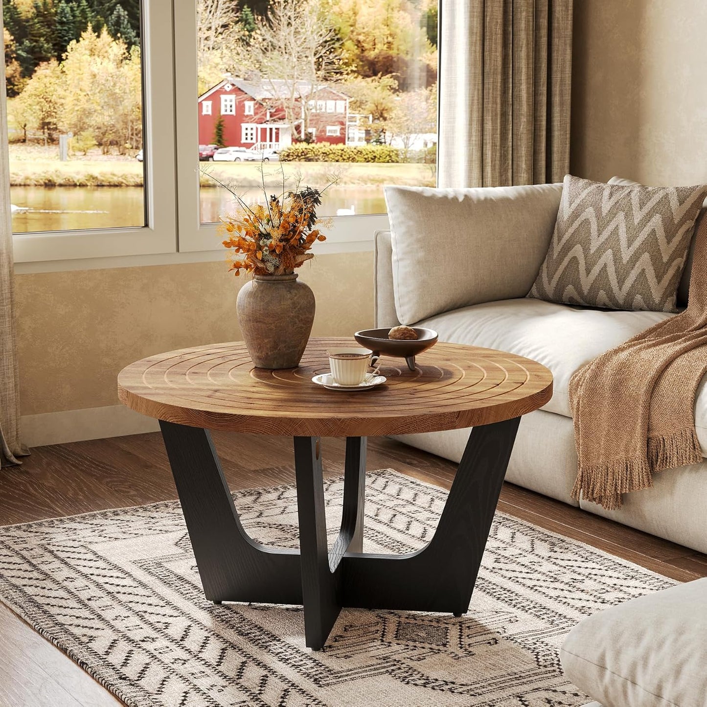 Round Solid Wood Coffee Table, Farmhouse 80 cm Small Coffee Table with Ring Groove, Living Room, Small Space, Brown and Black
