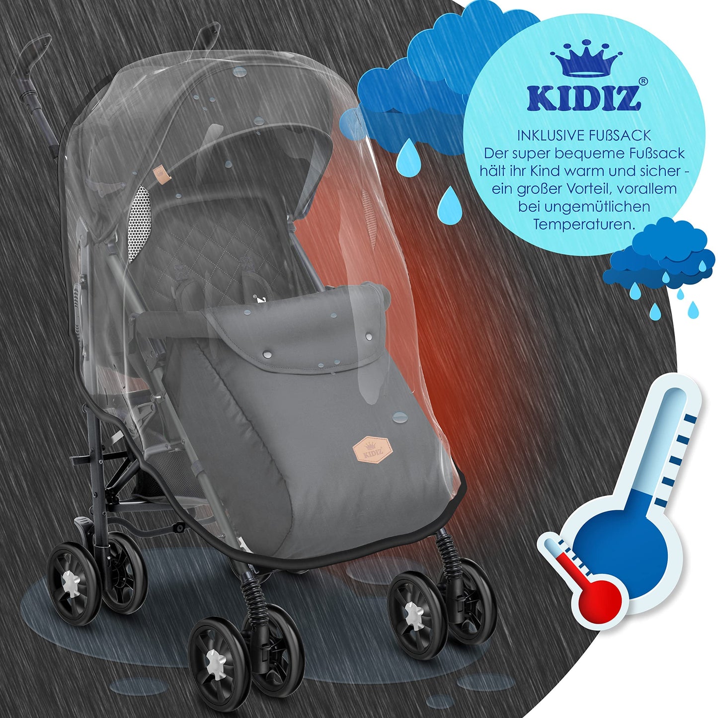 KIDIZ® City-Pro Pushchair Folding Pushchair Pushchair Sports Pushchair Foldable 360° 6 Inch Wheels Includes Mosquito Net, Footmuff and Rain Cover Foldable Sleep Function Blue