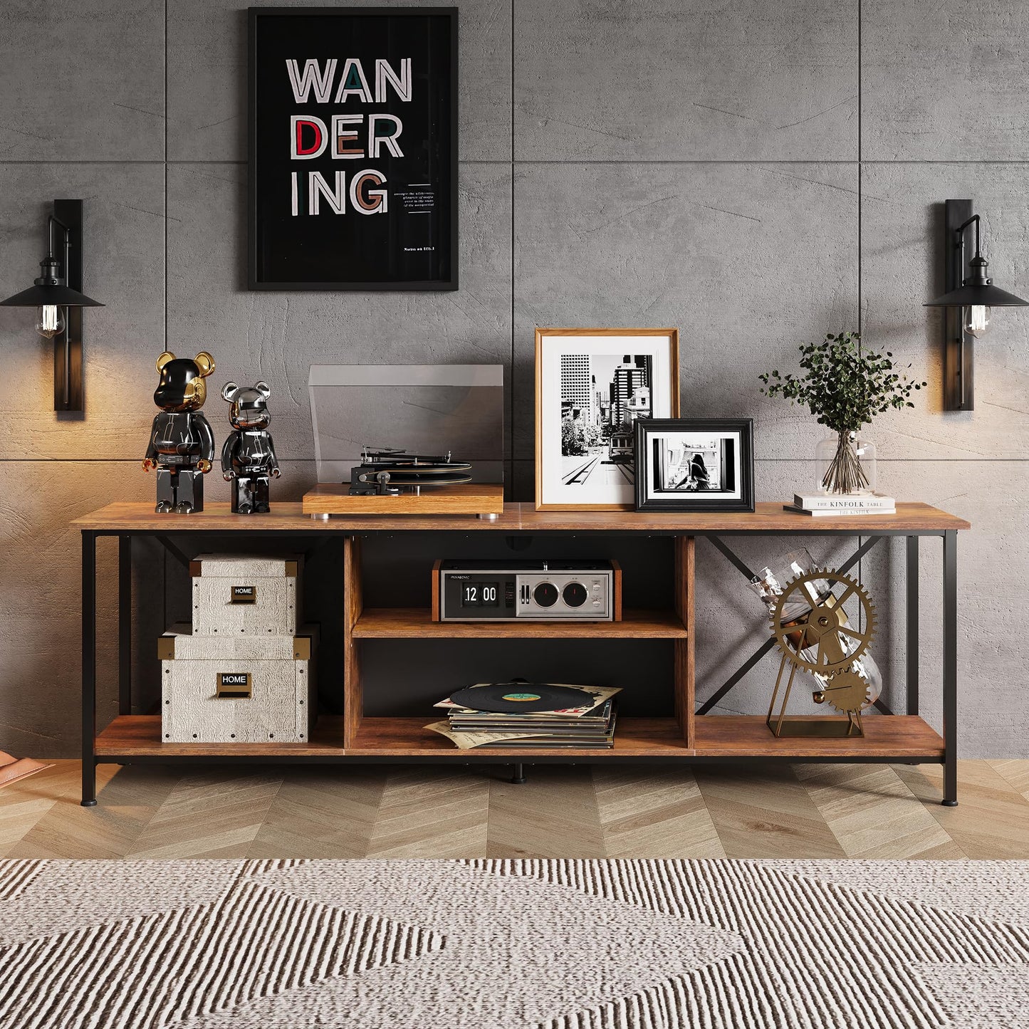 WLIVE TV Schrank, TV Lowboard für Fernseher bis zu 65 Zoll, TV Board Fernsehschrank mit Offenen Stauraum, 140 x 40 x 49 cm, Fernsehtisch für Wohnzimmer und Schlafzimmer, Vintagebraun-Schwarz