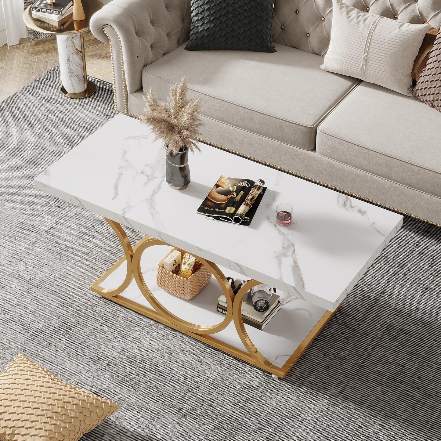 Tribesigns Rectangular Coffee Table, 120 cm Modern Living Room Table, 2-Tier Faux Marble Coffee Table with Geometric Legs, Furniture with Storage Compartment (Black and Gold)