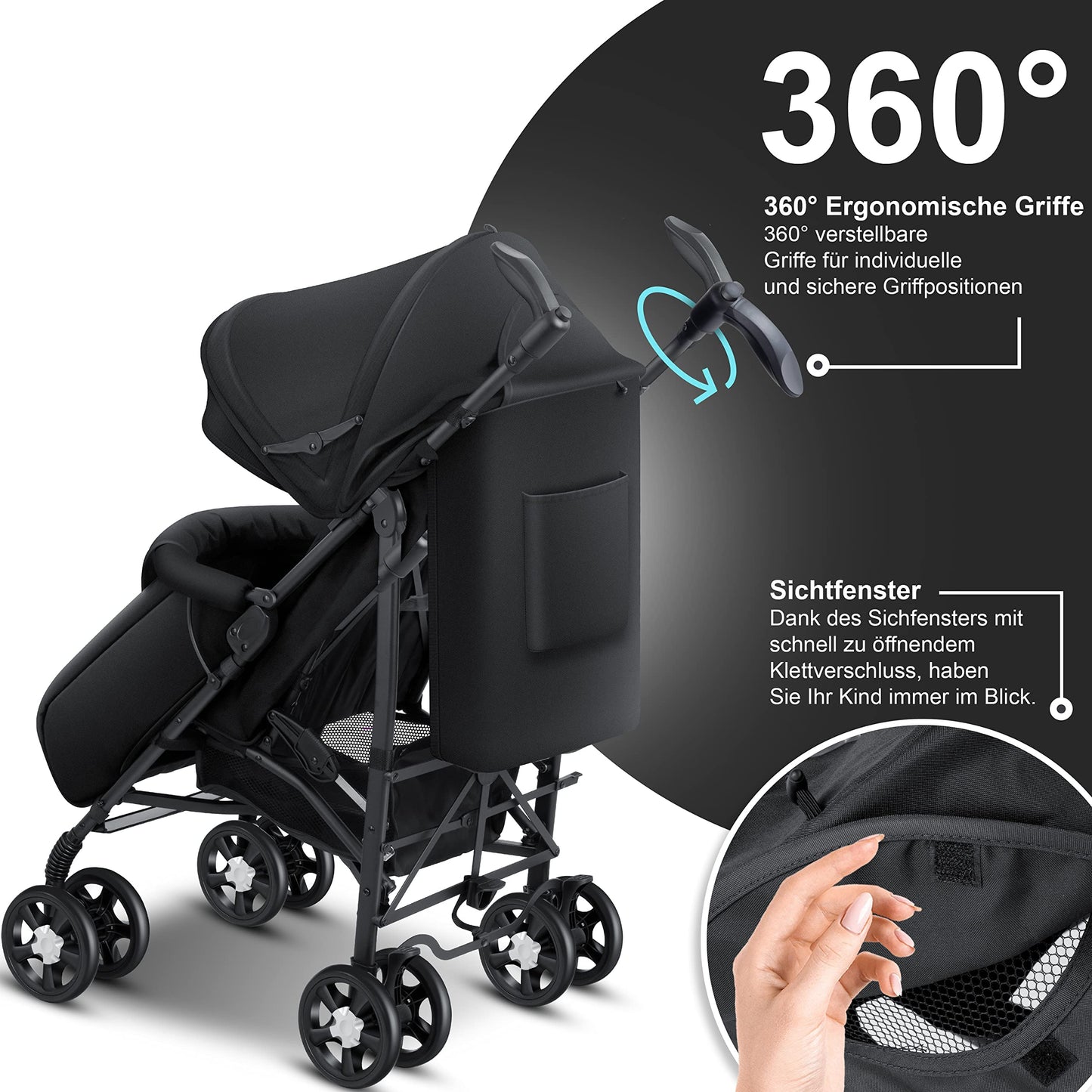 KIDIZ® City-Pro Pushchair Folding Pushchair Pushchair Sports Pushchair Foldable 360° 6 Inch Wheels Includes Mosquito Net, Footmuff and Rain Cover Foldable Sleep Function Blue