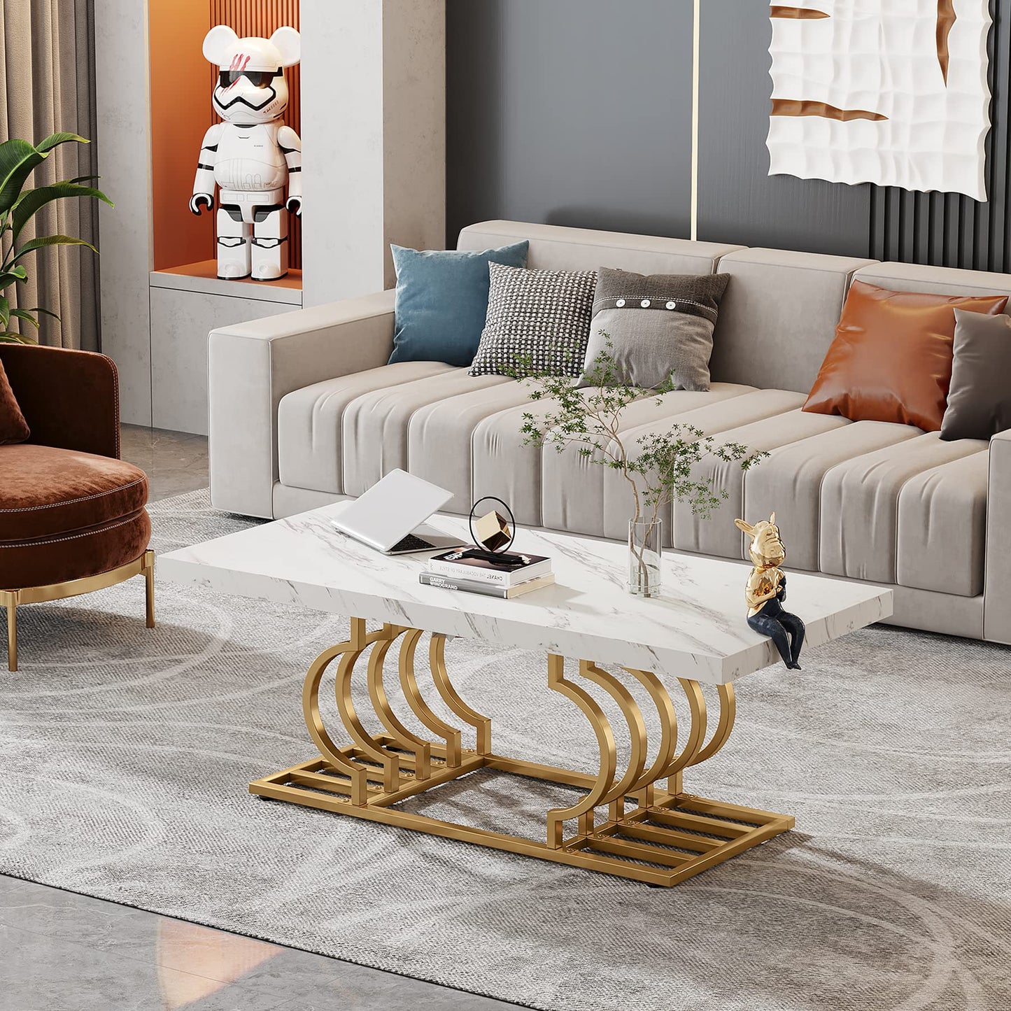 Tribesigns Modern Coffee Table, Living Room Table, Faux Marble Cocktail Table with Geometric Frame, Rectangular Middle Table, Tea Table, Accent Furniture, Table, Sofa, Side Table for Home Office,