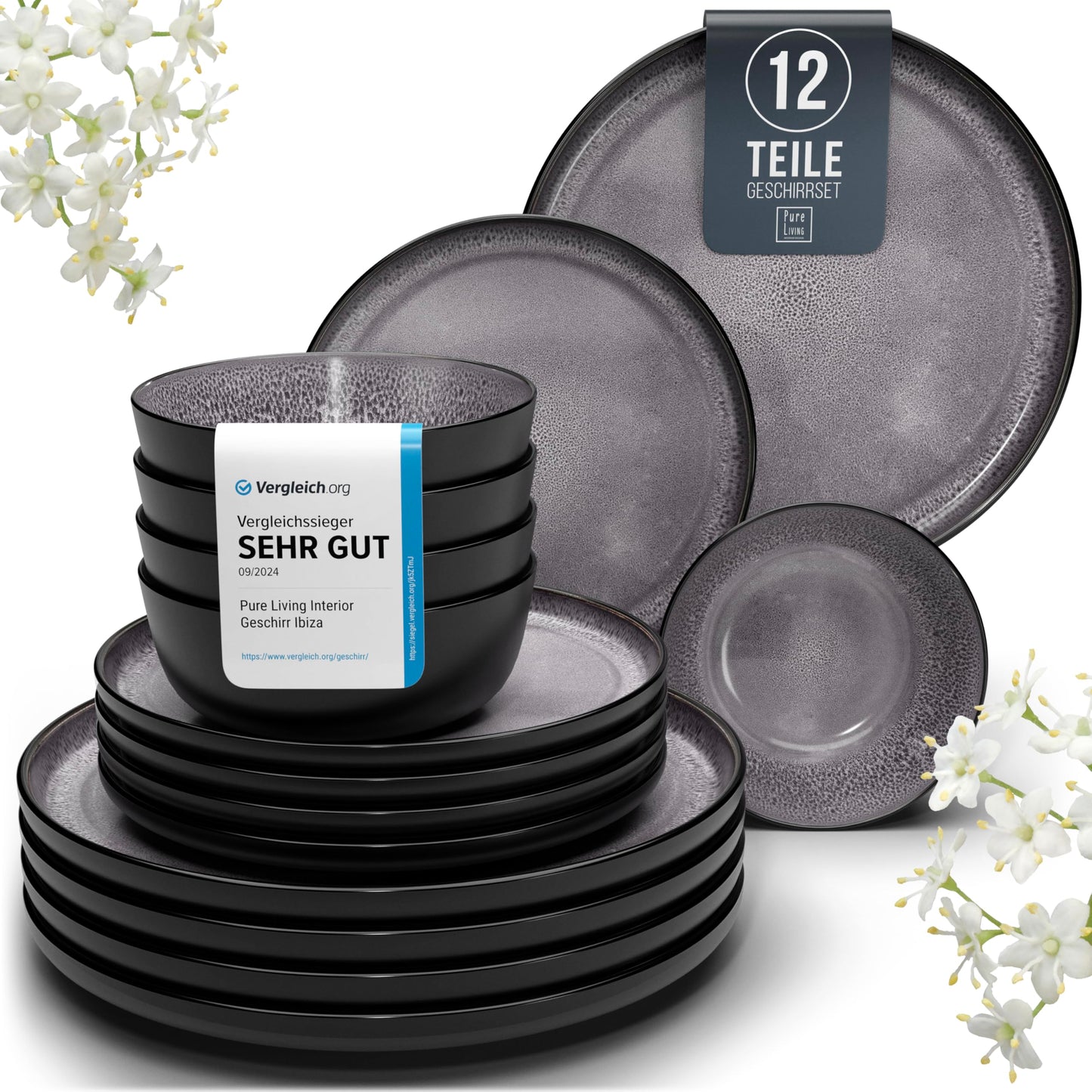 Ibiza Stoneware Crockery Set for 12 People, 48 Pieces, Test Winner, Dreamlike Mediterranean Stoneware Crockery Set, Bowl and Plate Set, Dinner Service for 12 People, Pure Living Crockery Sets in Deep