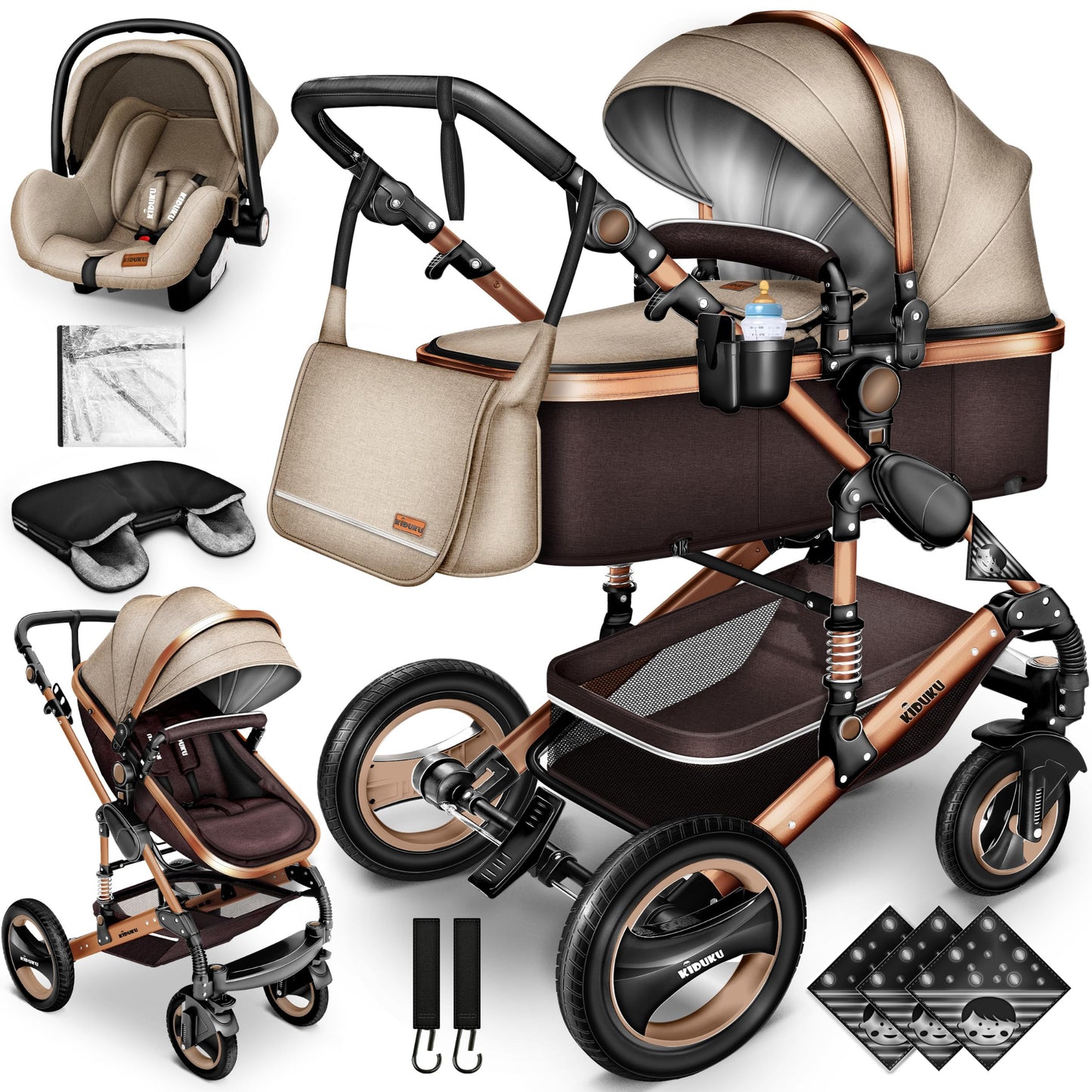 KIDUKU® 3-in-1 Complete Pram Set incl. Baby Carrycot, Buggy, Sports Seat & Car Seat, Footmuff, Solid Rubber Tyres, Changing Bag, Hand Warmer, Rain Cover, Children's Tray, ECE R129