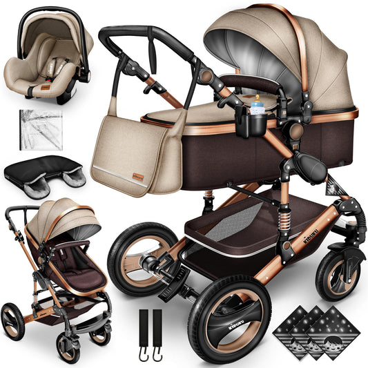 KIDUKU® 3-in-1 Complete Pram Set incl. Baby Carrycot, Buggy, Sports Seat & Car Seat, Footmuff, Solid Rubber Tyres, Changing Bag, Hand Warmer, Rain Cover, Children's Tray, ECE R129