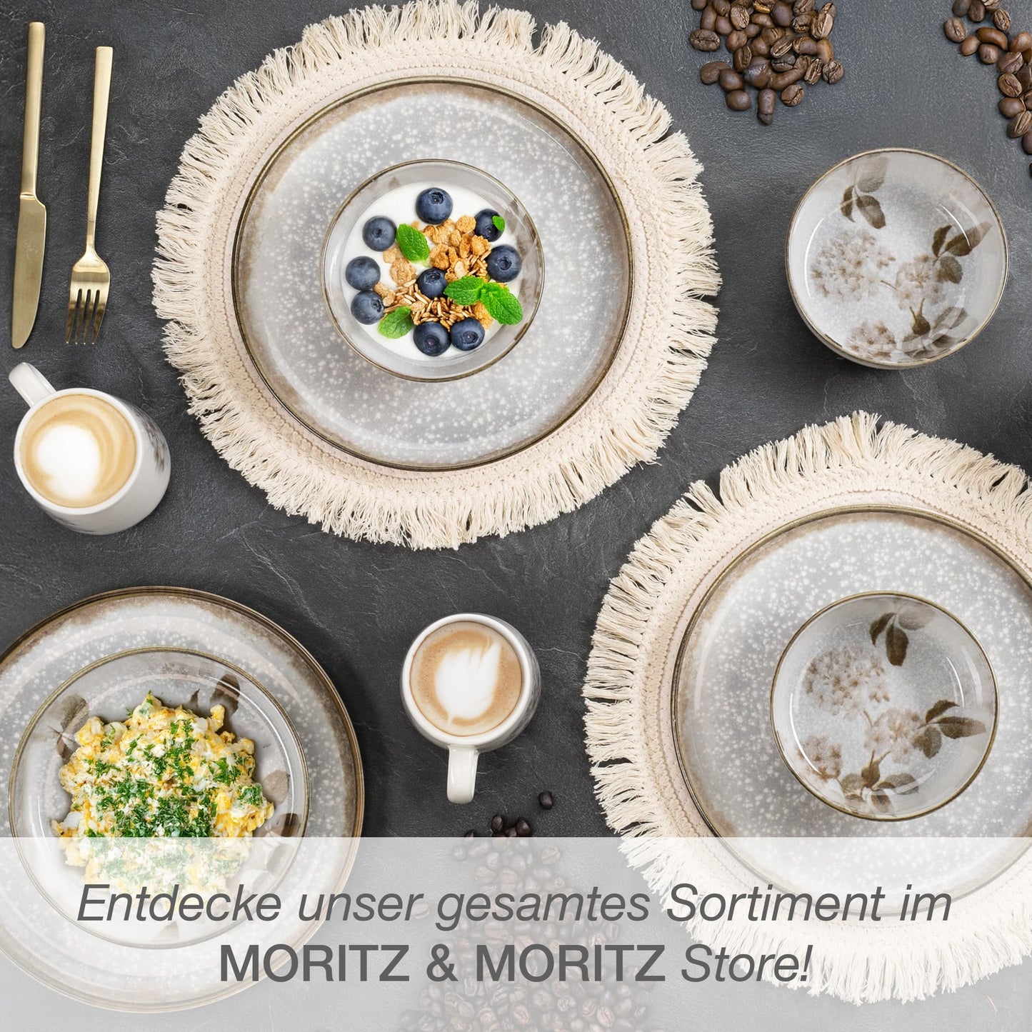 Moritz & Moritz BLOSSOM 18-Piece Crockery Set for 6 People, Elegant Plate Set Made of High-Quality Porcelain with Floral Design, Crockery Set of 6 x Dinner Plates, 6 x Dessert Plates, 6 x Soup Plates