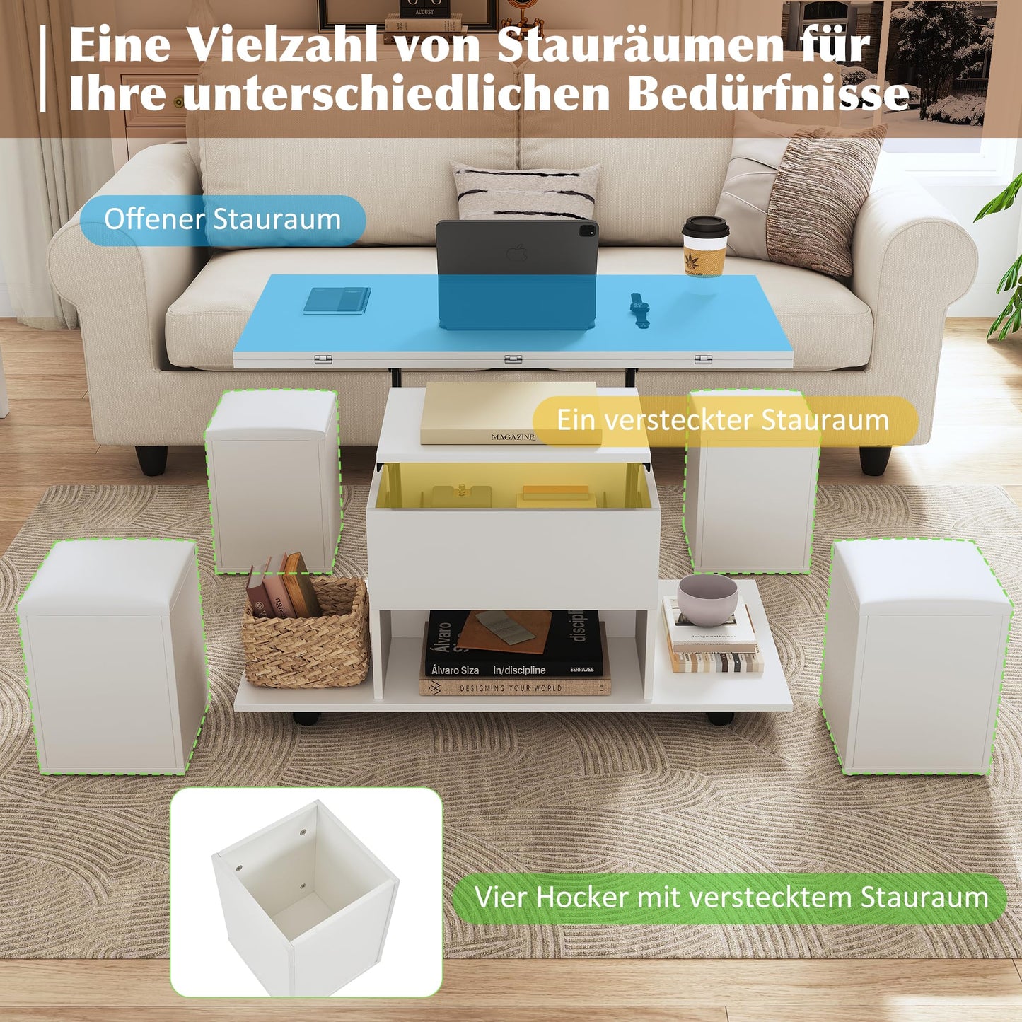 Coffee Table Height Adjustable with 4 Storage Space Stools, Living Room Table Coffee Table with Extendable Table Top, Movable Coffee Table with Storage Space, Table Living Room Dining Table Set