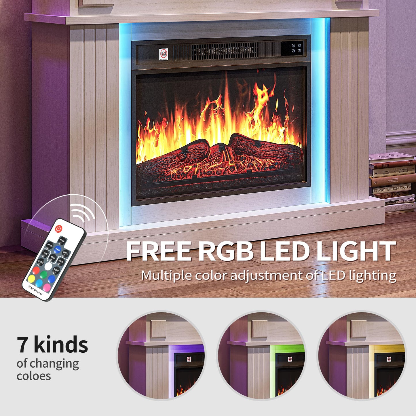 YITAHOME Electric Fireplace, 23 Inch Realistic 3D Flame Effect, Heat-Free Standing Electric Fireplace with Timer and 24-Colour LED Light Strip and Remote Control