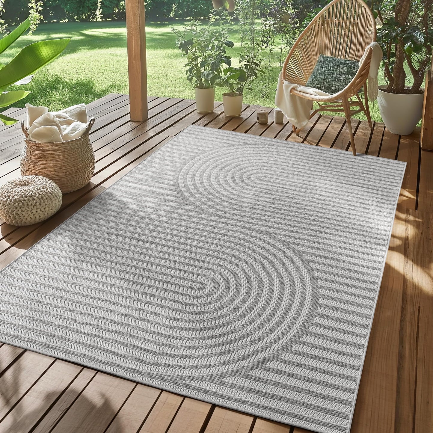 SIMPEX Outdoor Teppich Wetterfest Beige 140x200 cm, UV-beständig, ideal für Küche, Balkon, Terrasse, Garten Wohnzimmer Esszimmer, Skandinavisches Boho-Design, Pfelgeleicht