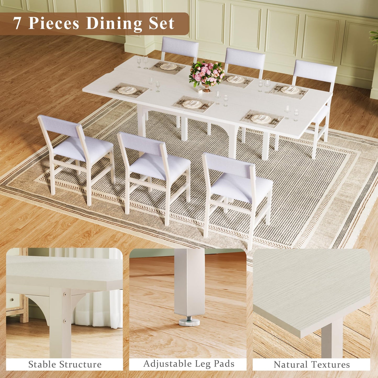 7-Piece Dining Table Set for 4-6, Extendable Kitchen Table Cushion Chairs Set of 6 with 6 Chairs, Rectangle Dining Table with Metal Frame & MDF Board, Folding for Small Apartment Saving Space,Grey Oak