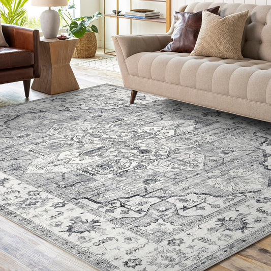 WONGS BEDDING Boho Rug Living Room Bedroom Short Pile Rugs Washable Soft Non-Slip Vintage Design