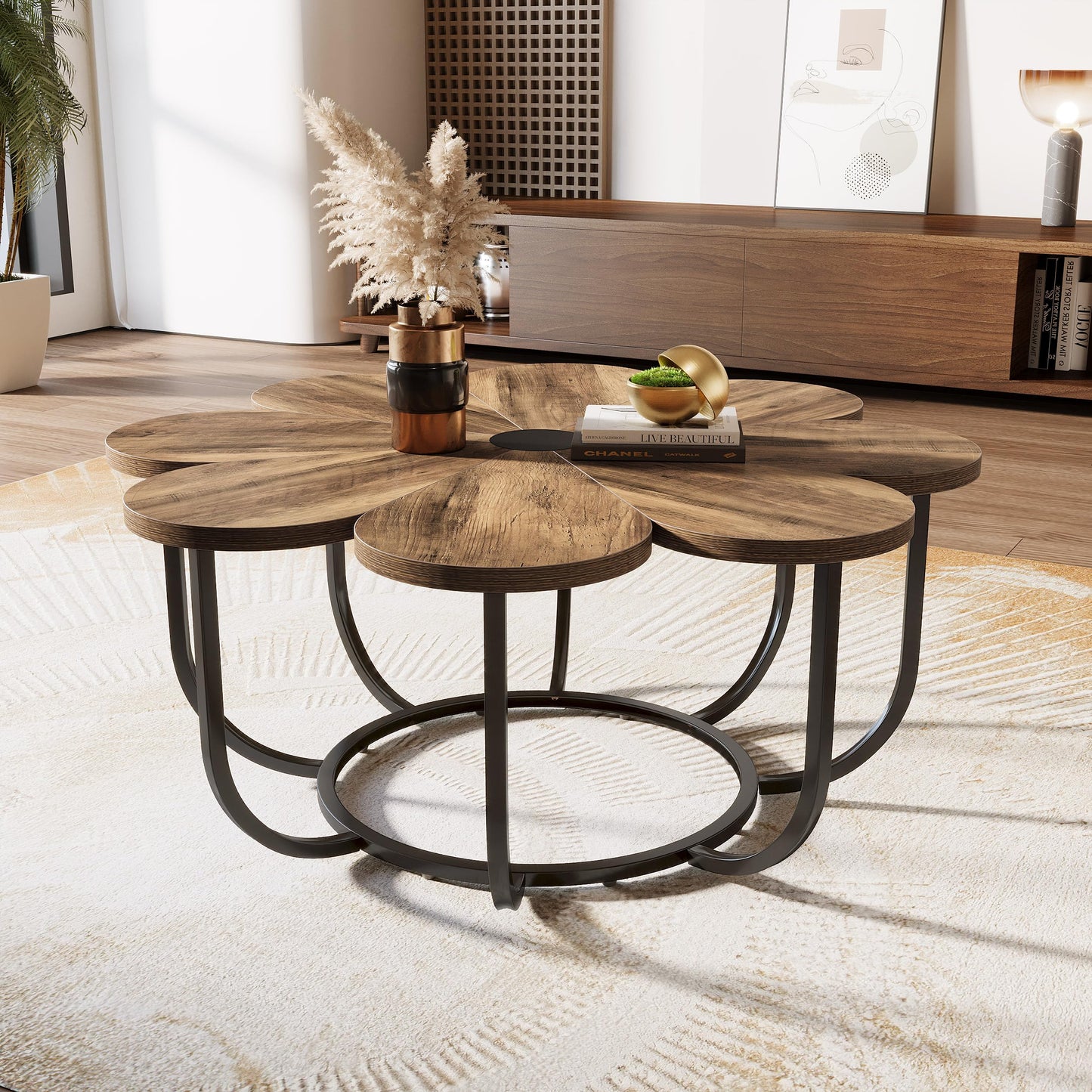 Tribesigns Coffee Table in White and Gold, Modern Coffee Table in Flower Shape with Faux Marble Top 100 cm Large Floral Accent Table with Metal Frame, Living Room Table, Sofa Table for Living Room